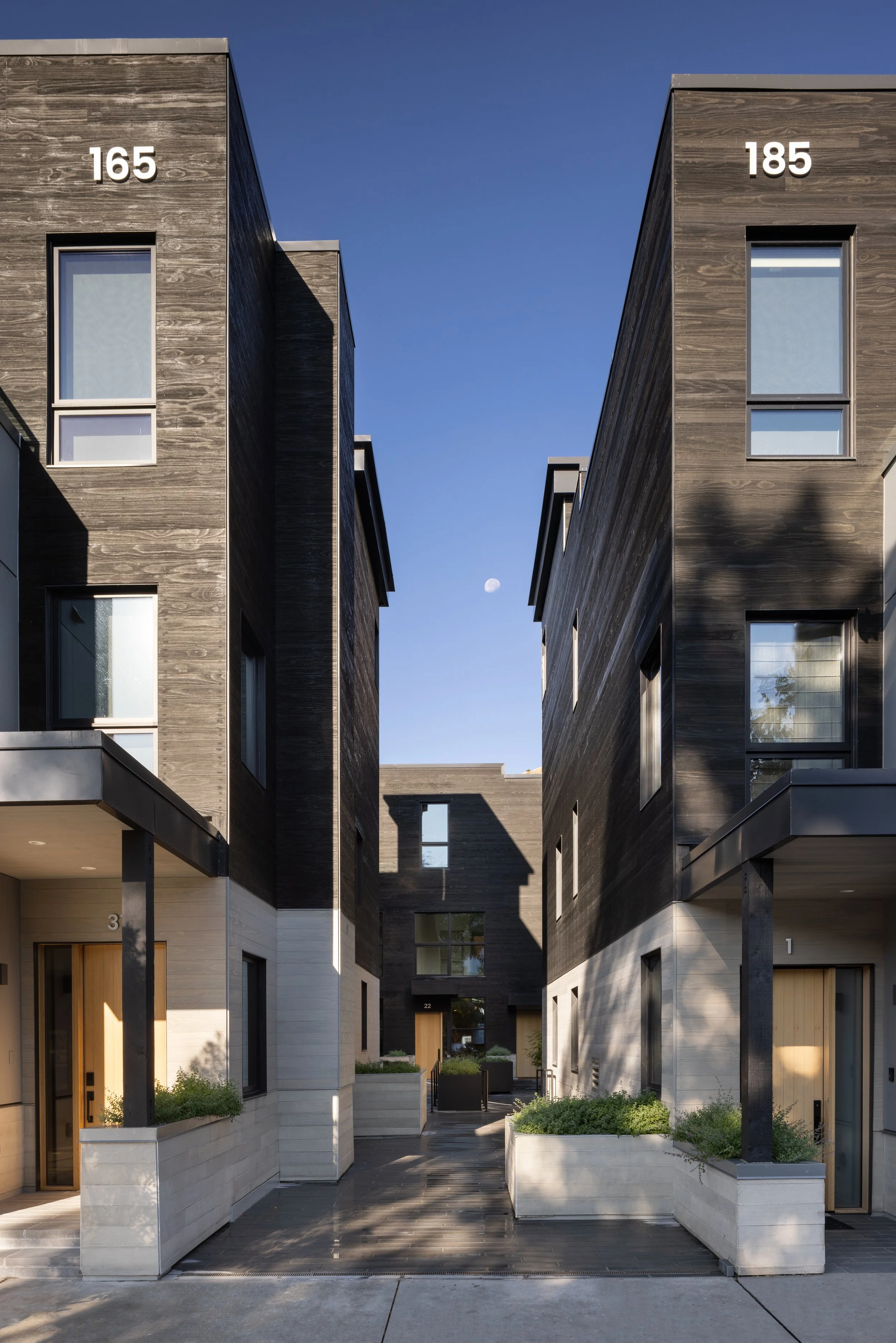 Modern townhouse complex with dark wood siding, white lower sections, and small shrub beds, viewed from the front with a clear sky and visible moon.