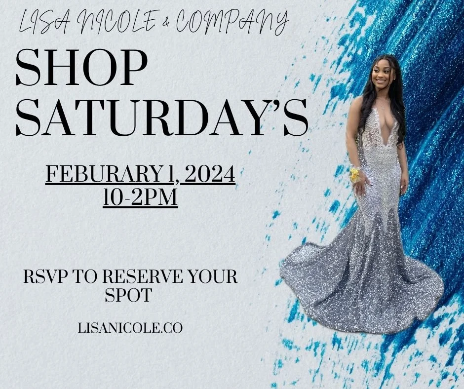Event flyer for a shop Saturday on February 1, 2024, from 10 am to 2 pm. The flyer features a young woman in a silver, glittery dress standing against a blue splash background. Text includes RSVP instructions and a website.