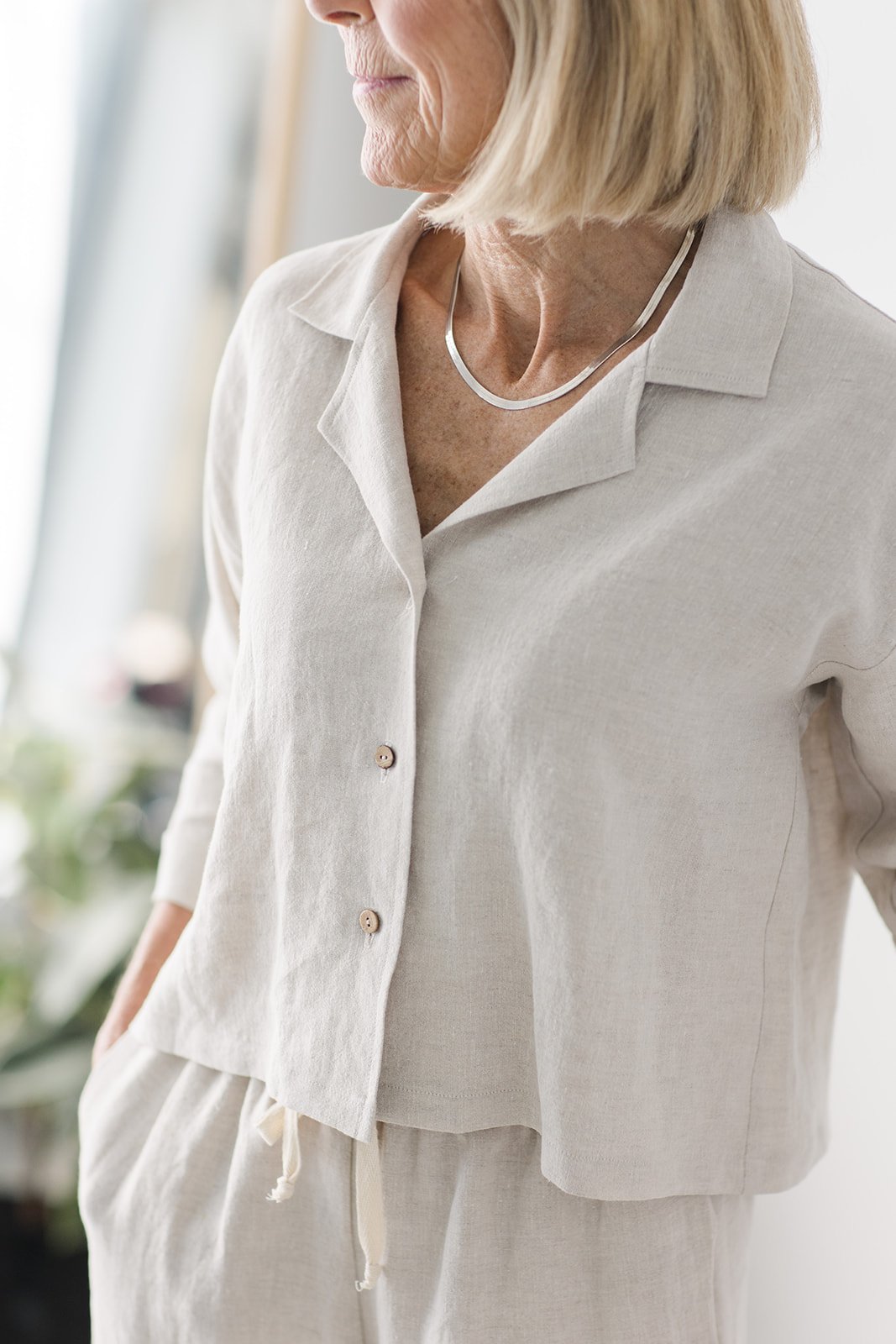 The Chesterman top: 3/4 sleeves or short sleeved, cropped hemline, unique and comfortable design for elevated sleepwear