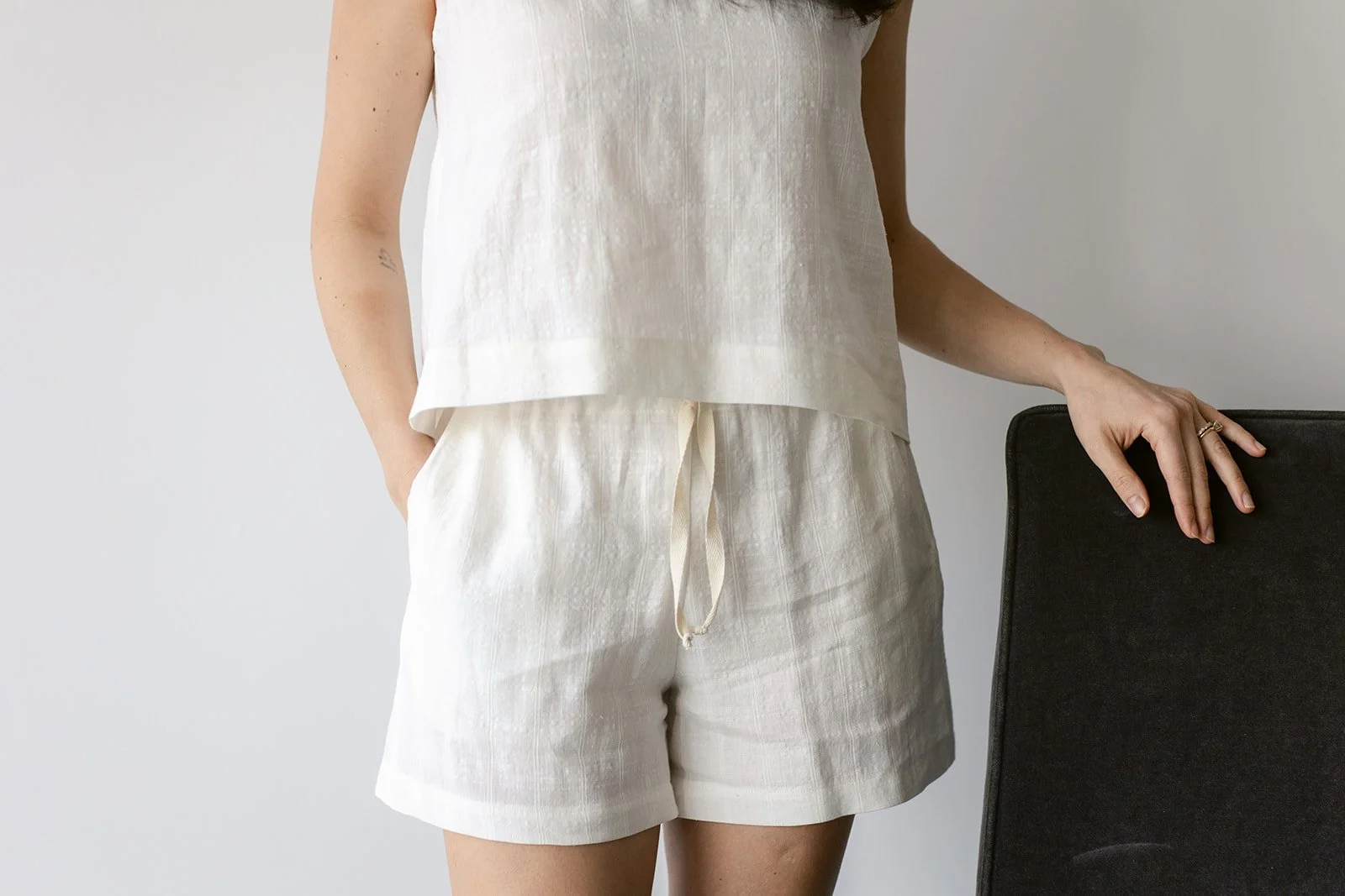 Grafton short linen or cotton loungewear bottom, soft breathable fabric with elastic waistband, twill drawstring and functional side pockets