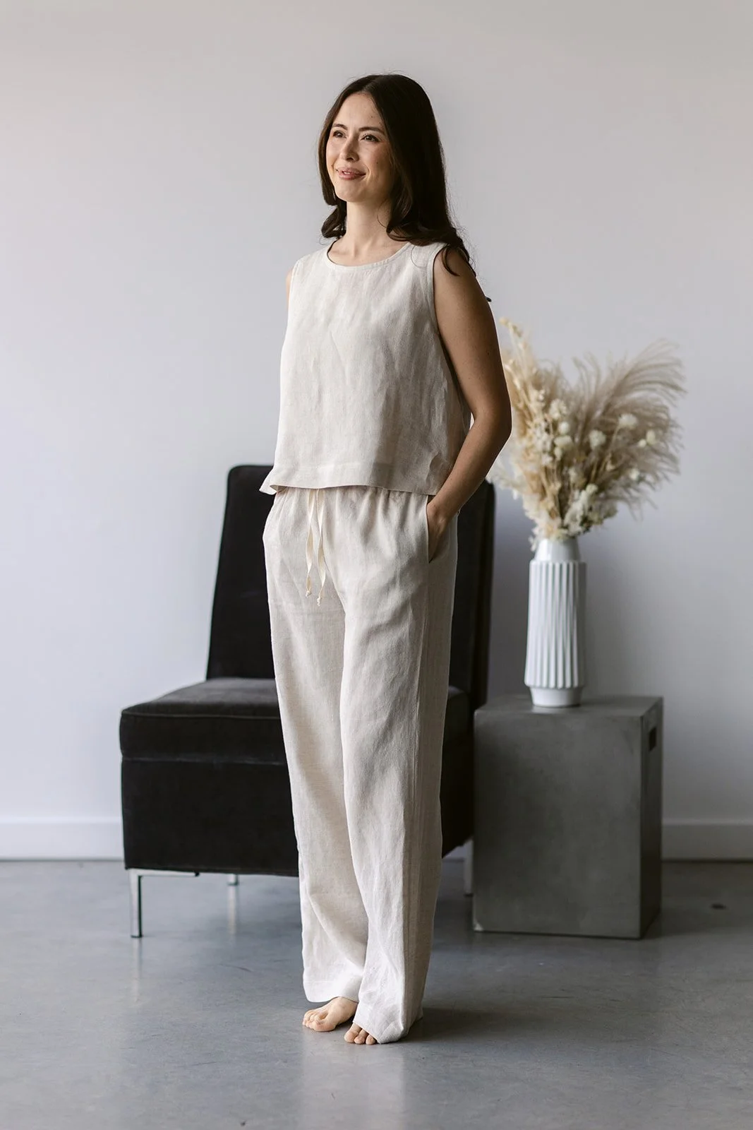 Kitsilano pant in natural linen or cotton, timeless silhouette designed for comfort and understated elegance, handcrafted on Bowen Island
