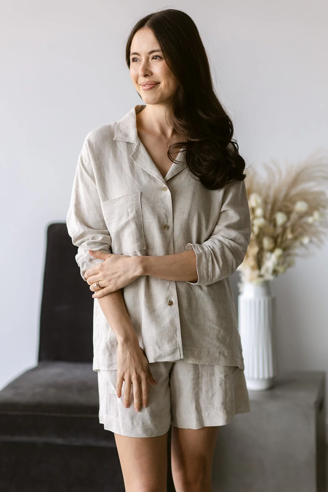 Dundarave top in natural linen or cotton, refined update to a traditional pajama style with short or 3/4 sleeves, handcrafted on Bowen Island