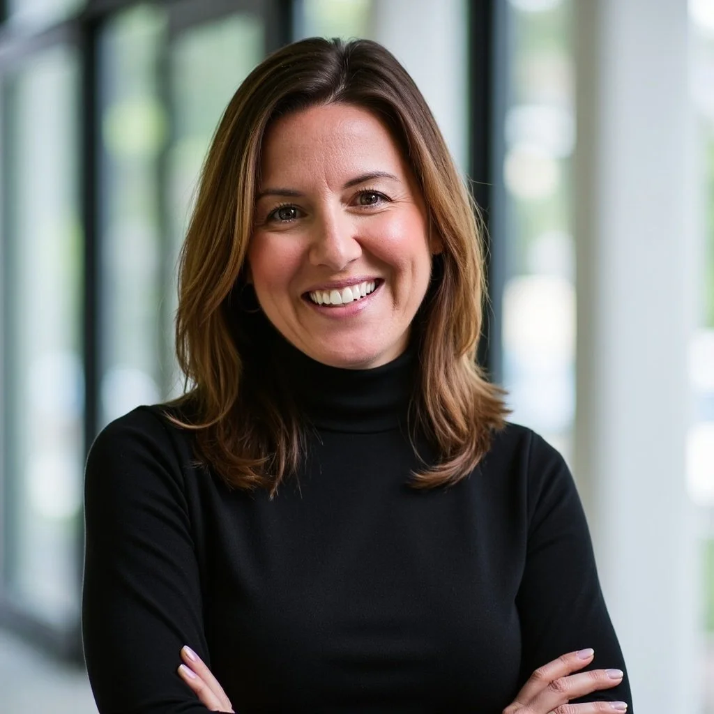 A smiling woman with shoulder-length brown hair wearing a black turtleneck sweater standing in front of a window with greenery outside.