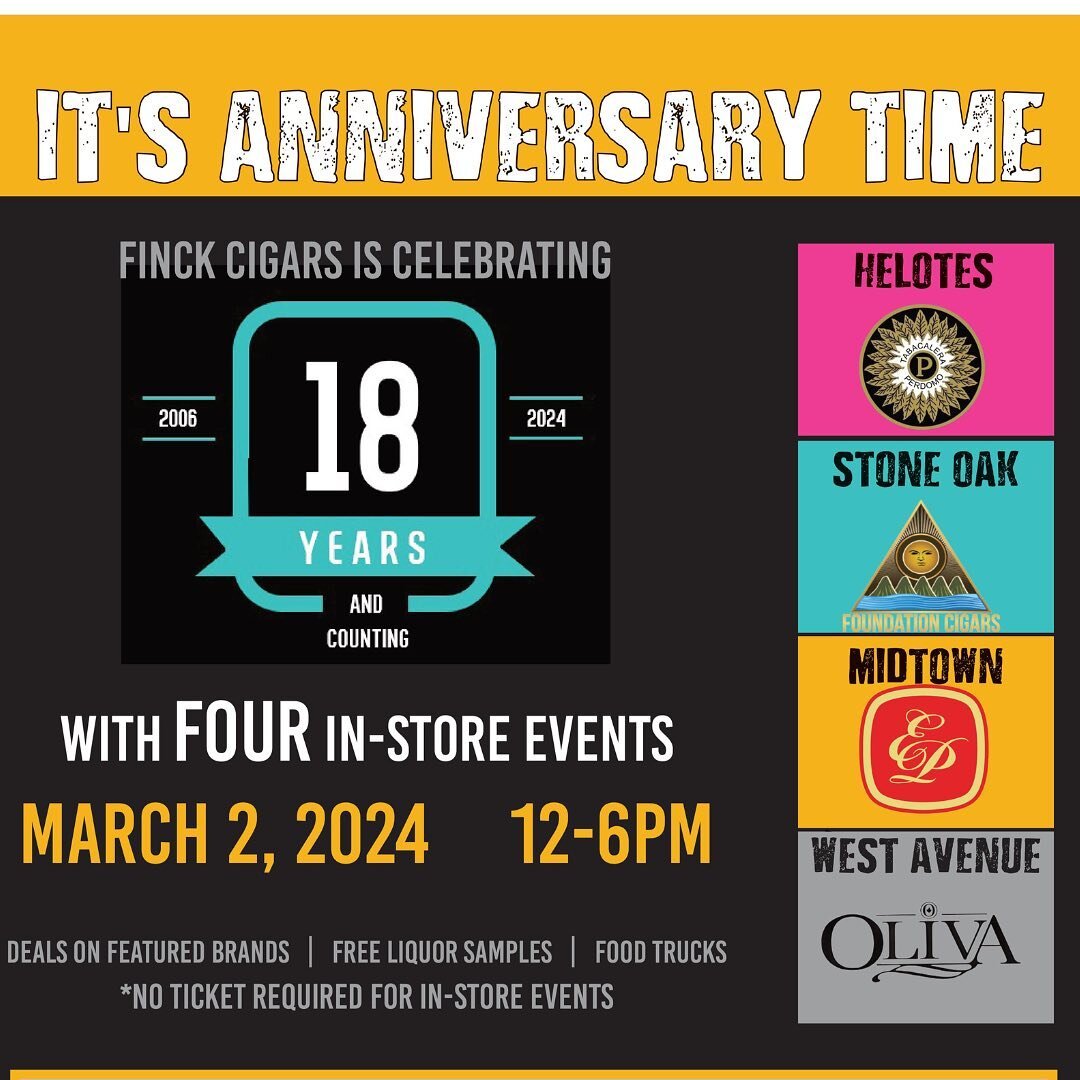 Hello friends! It&rsquo;s that time of the year - and we have a LOT to celebrate! Saturday March 2nd Finck Cigars will be hosting our annual 210 Cigar Crawl and 18th Anniversary party with FOUR simultaneous events in our FOUR retail stores! That&rsqu