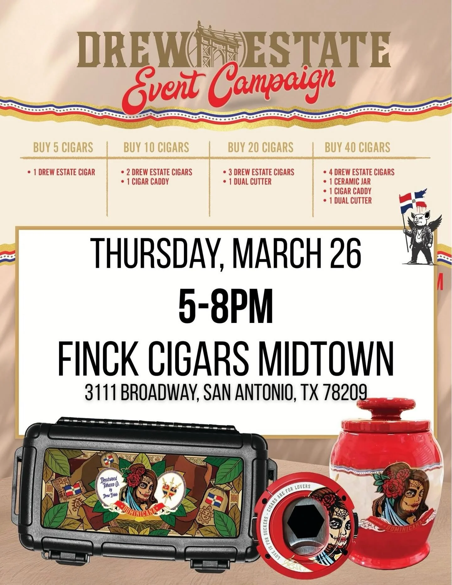 Drew Estate is taking over Midtown on Thursday, March 26 (5&ndash;8 PM) with Sammy &ldquo;F&rsquo;in Sam&rdquo; Ventura in the house.
🔥 Up to 20% off Drew Estate cigars
🔥 Swag + gifts with purchase
🔥 Deadwood Dominicana gear + NEW Liga Privada H99