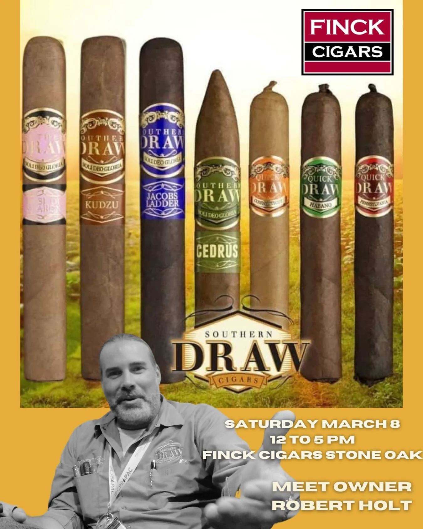 Whatcha doin&rsquo; Saturday? Come hang out at @finckcigarsstoneoak from 12-5 for specials on @sdcigars ! We&rsquo;ll have Robert Holt, founder of SD, hanging with us all afternoon!