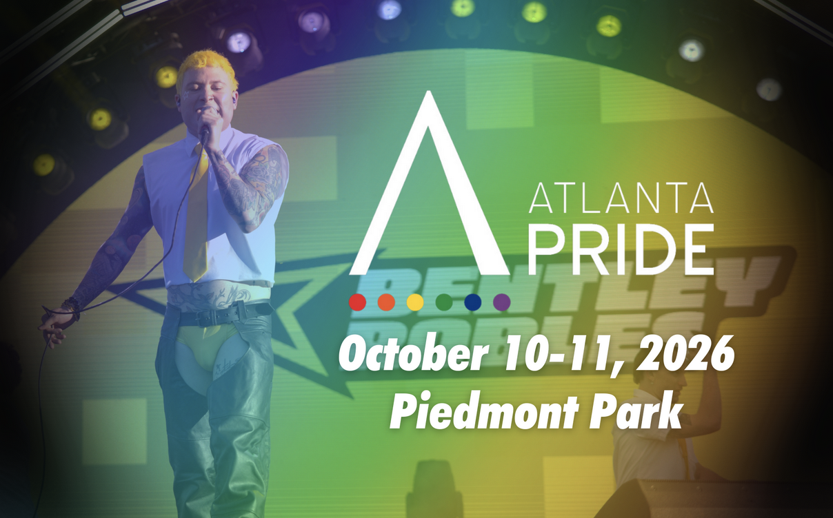 Image of a graphic with the Atlanta Pride logo with the words "Atlanta Pride October 10 - 11, 2026. Piedmont Park. The graphic shows a person with tattoos and blond hair singing onstage at a previous Atlanta Pride. There is a rainbow gradient overlay