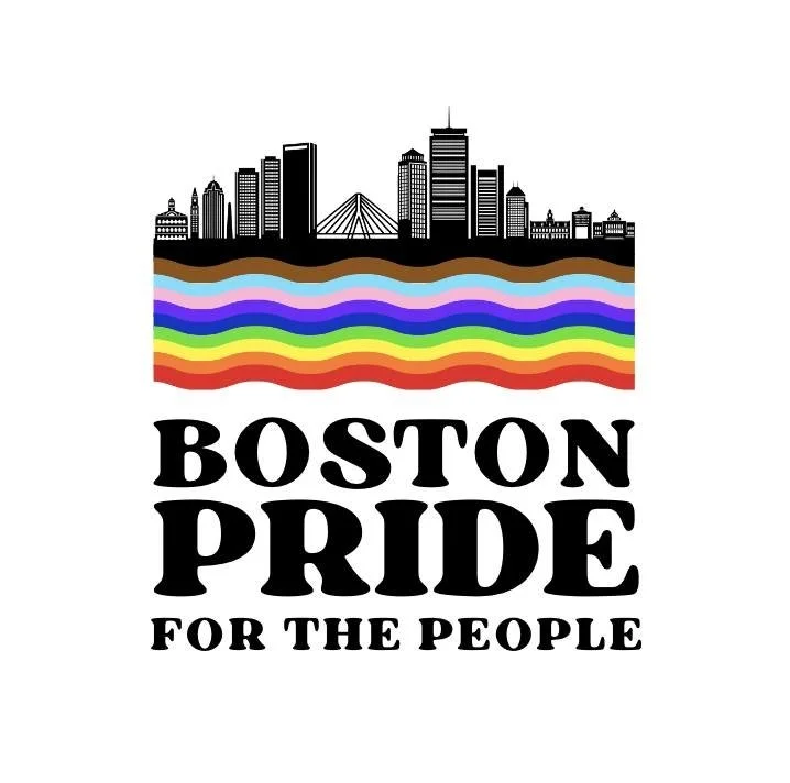 Logo image for Boston Pride For The People. It features a black silhouetted boston skyline and an inclusive rainbow motif.