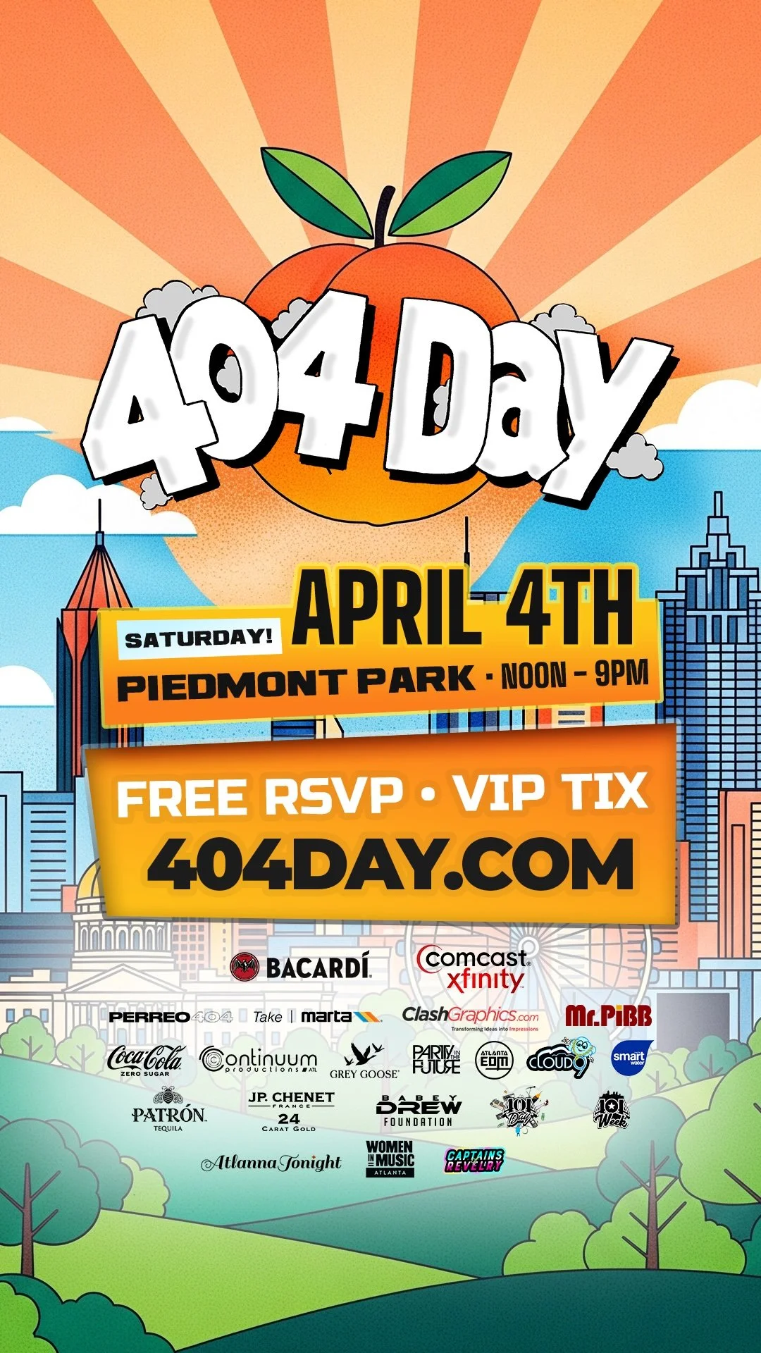 Flyer for 404 Day. The text reads 404 Day Saturday, April 4th Piedmont Park Noon until 9 P.M. Free R.S.V.P. V.I.P Tix 404Day.Com with various sponsor logos.