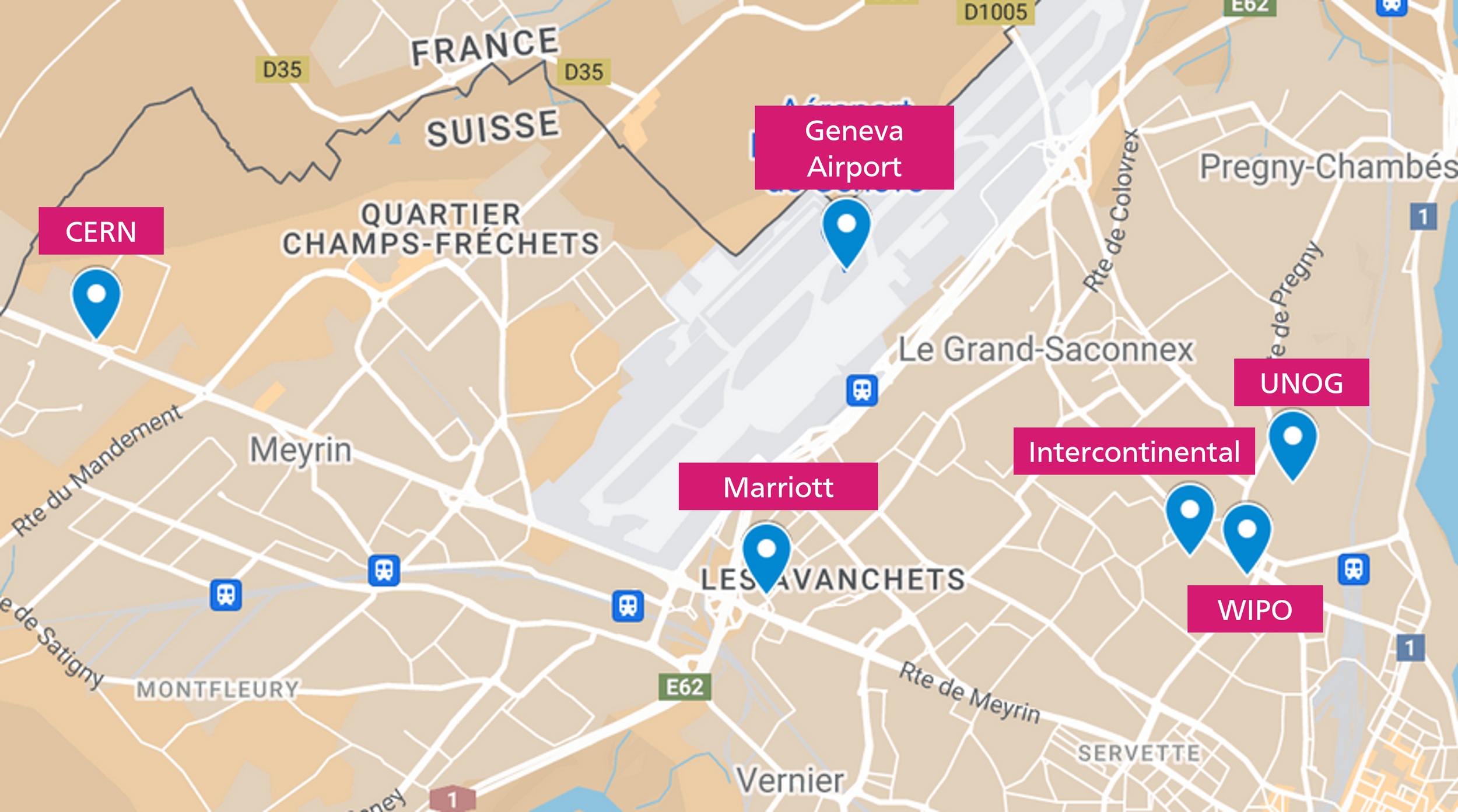 Map of Geneva, Switzerland showing locations of CERN, Geneva Airport, Marriott hotel, UNOG, Intercontinental, and WIPO, marked with blue pins and pink labels.