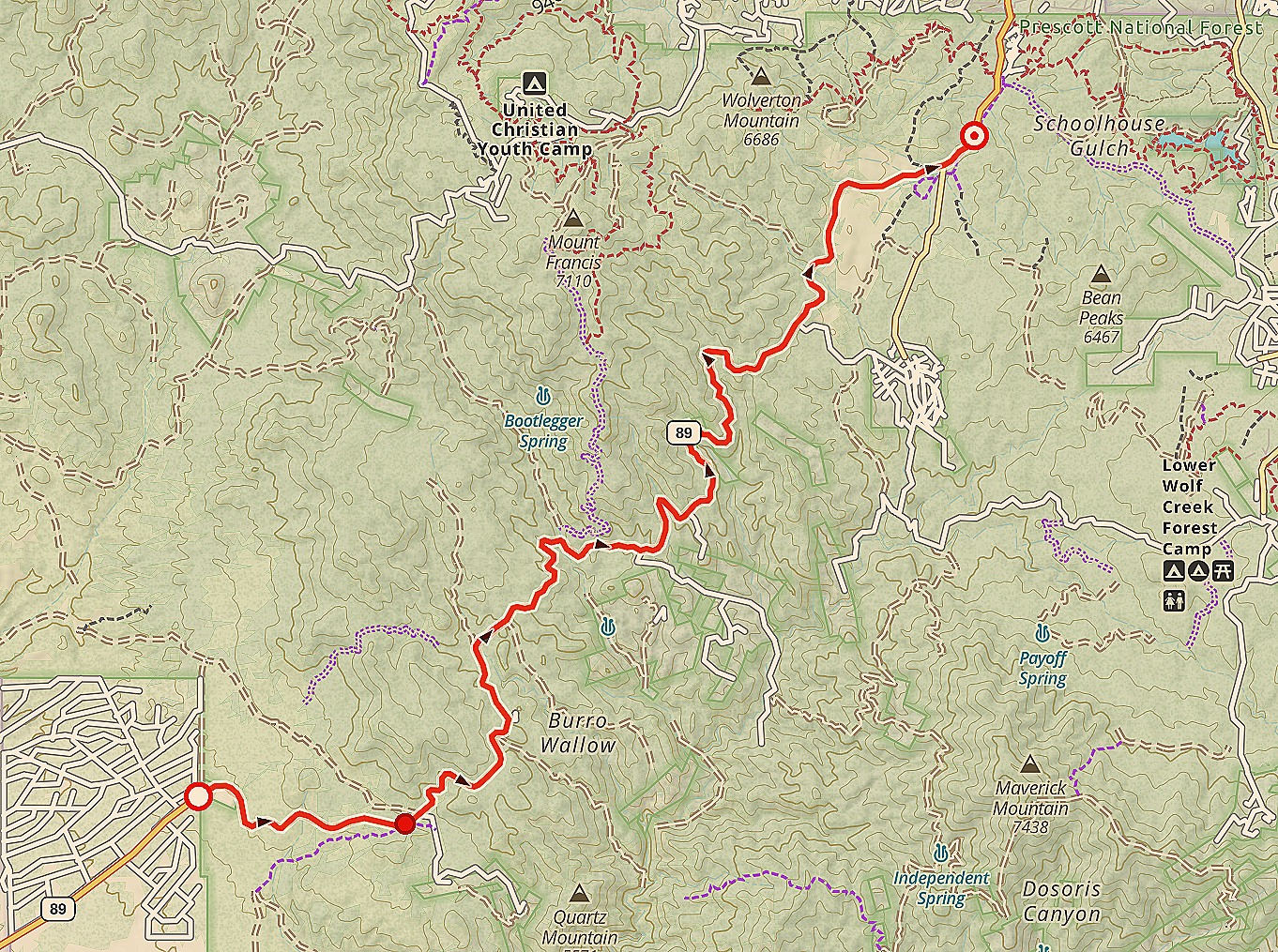 Map showing a route in Colorado from the southwest near Morenci to the northeast near Highway 180, passing through mountainous terrain and wilderness areas.