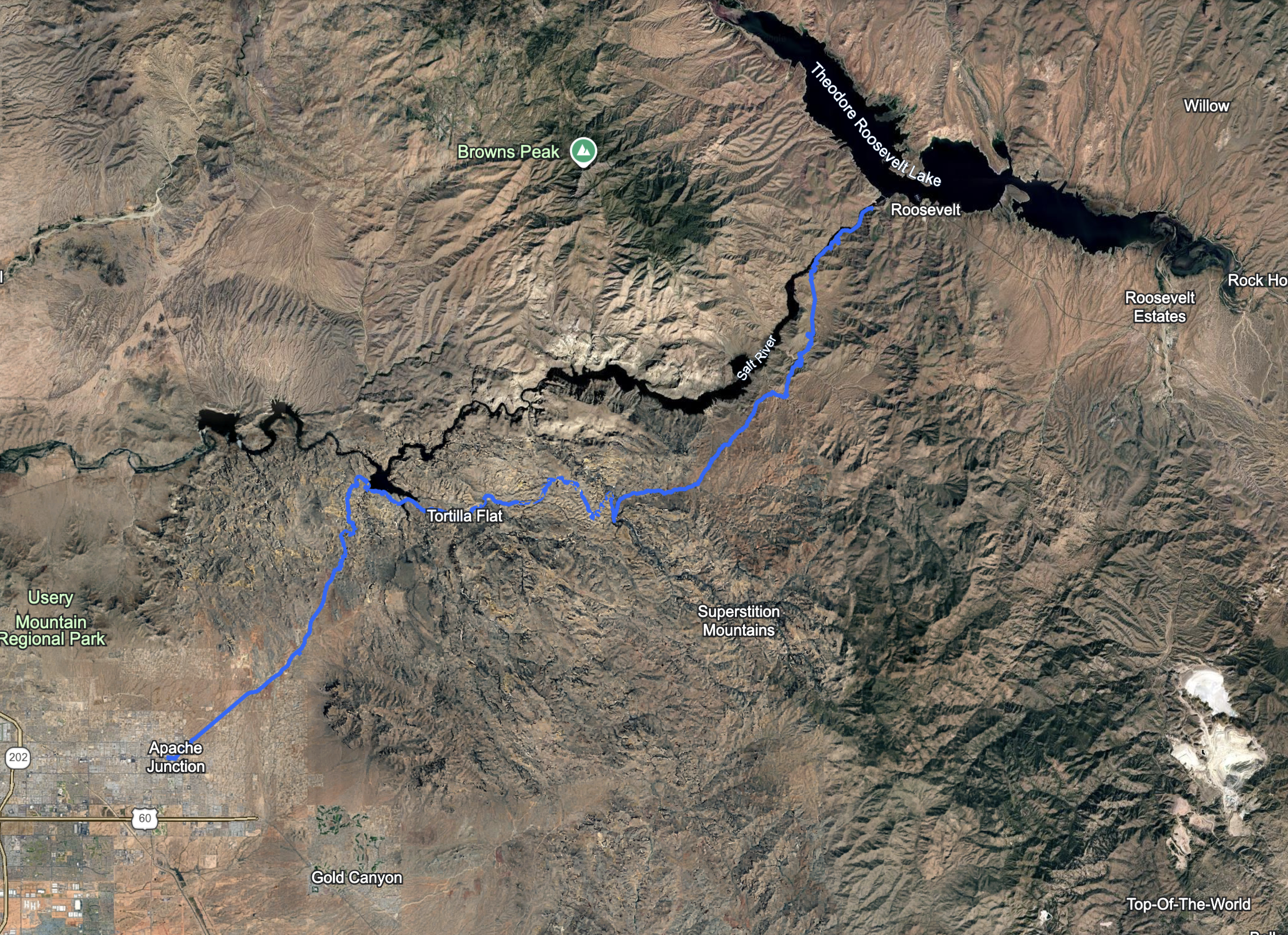Map of a hiking trail along Apache Lake in Tonto National Forest with camping and trailhead icons, topographical lines, and nearby geographical features.