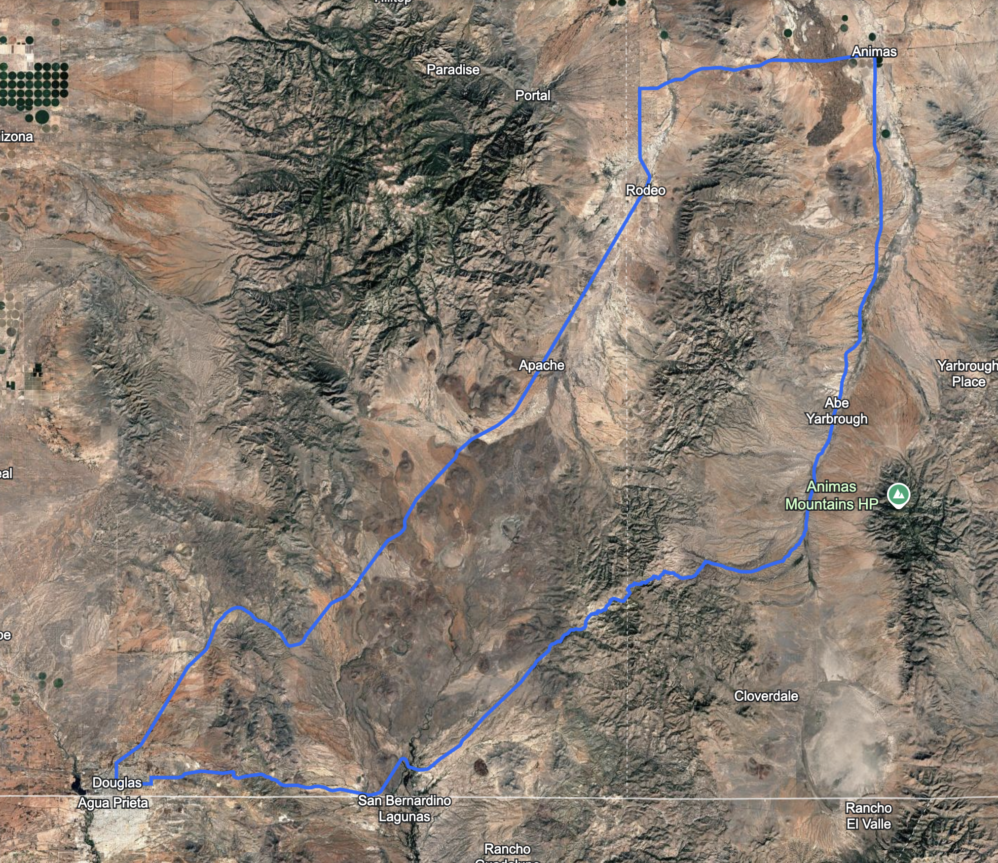 Map of a road trip route through the Chihuahuan Desert in West Texas, showing landmarks like the Chircahua Mountains, Guadalupe Pass, and areas such as Whitmire Canyon Wilderness Study Area and Bunk Robinson Wilderness. The route is marked with purple lines and dots.