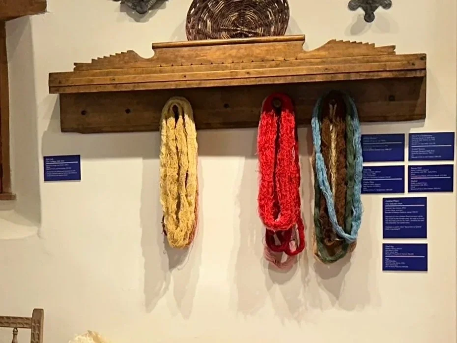 hanks of hand spun wool or mohair yarns dyed with vegetable colors and cochineal by Tillie Gabaldon Stark
