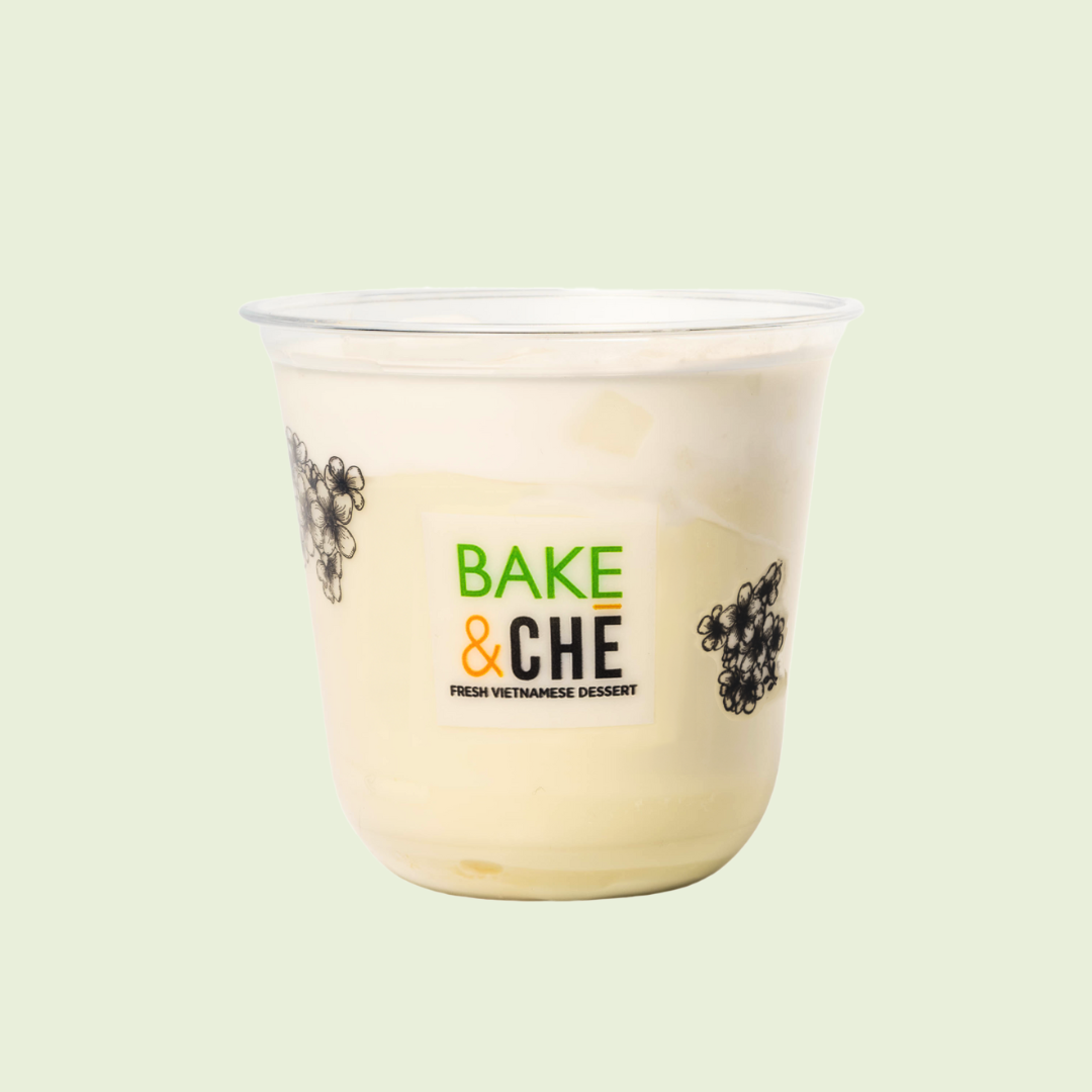 Container of Vietnamese dessert with black floral illustrations and a label reading 'BAKE & CHE' with a subtitle 'FRESH VIETNAMESE DESSERT'.
