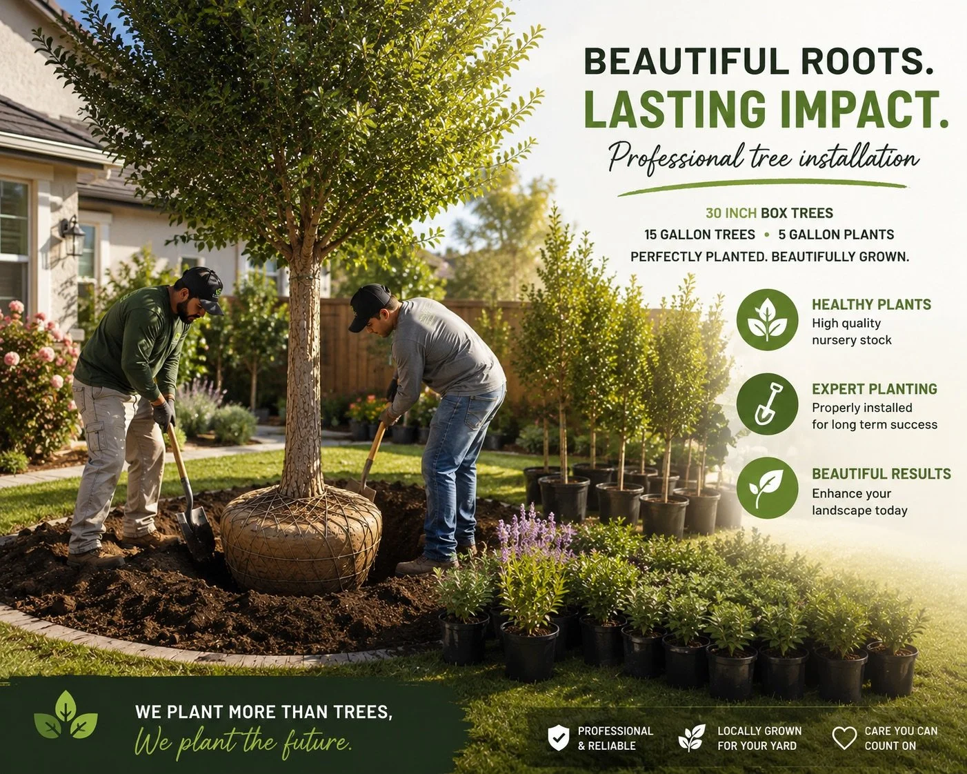 Two men planting a various plants in a yard  There is promotional text about professional tree installation, healthy plants, expert planting, and beautiful results. in Visalia California contact Leo's nursery with email leosnurserysales@gmail.com