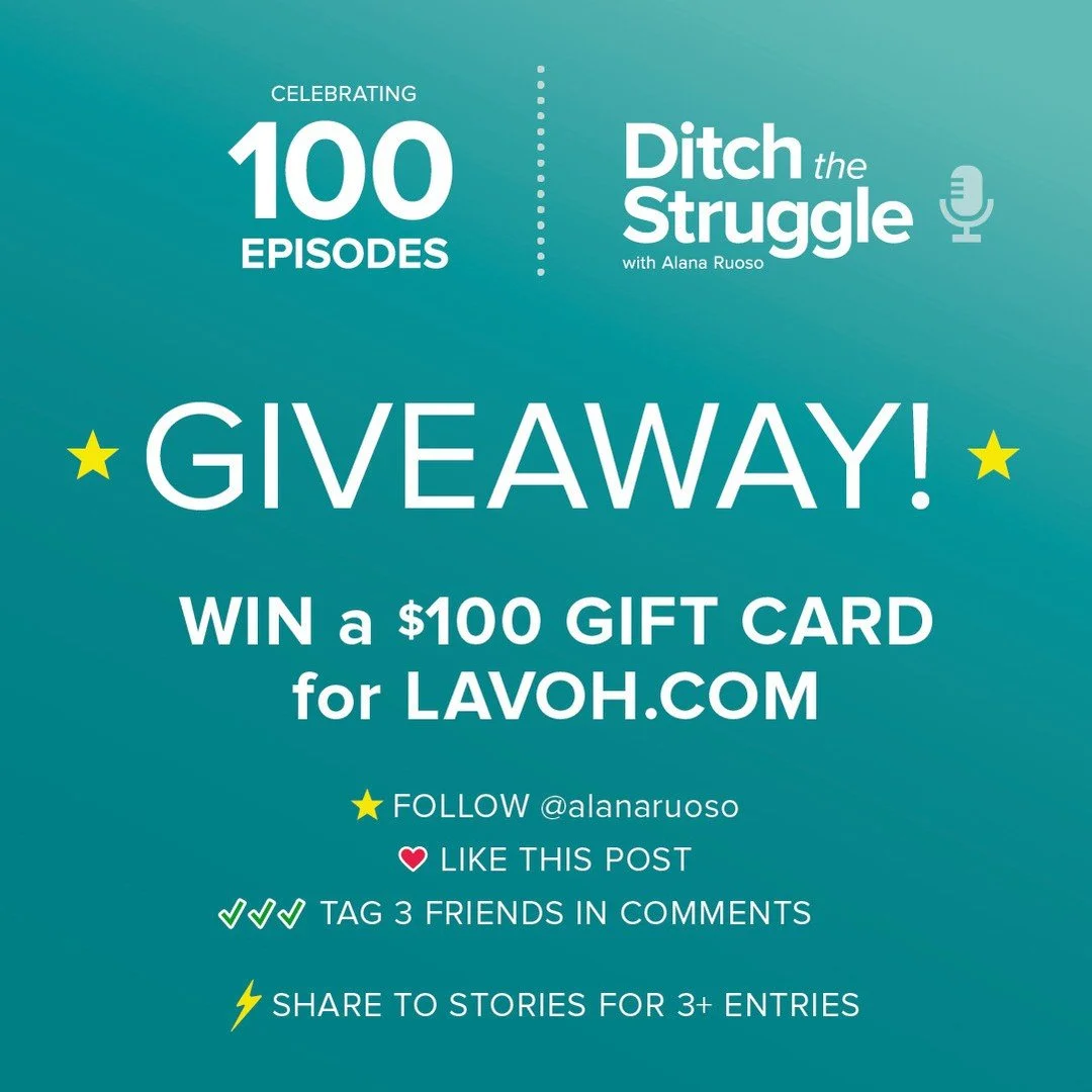 Ditch the Struggle with Alana Ruoso podcast is celebrating 100 episodes! WOOT! THANK YOU for tuning in!🎙️⭐⭐⭐⭐⭐⁠
⁠
To celebrate I&rsquo;m giving away one (1) $100 gift card (CAD) for www.lavoh.com 👉 @lovelavoh makes the BEST reusable makeup remover 
