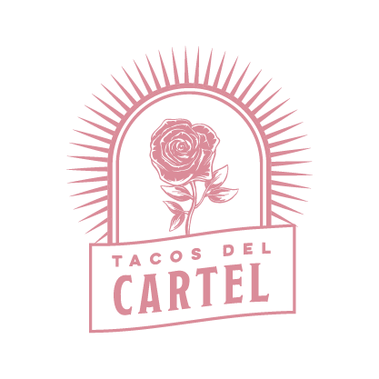 Logo of Tacos del Cartel featuring a pink rose inside an arch with radiating lines, and text 'Tacos del Cartel' beneath the rose.