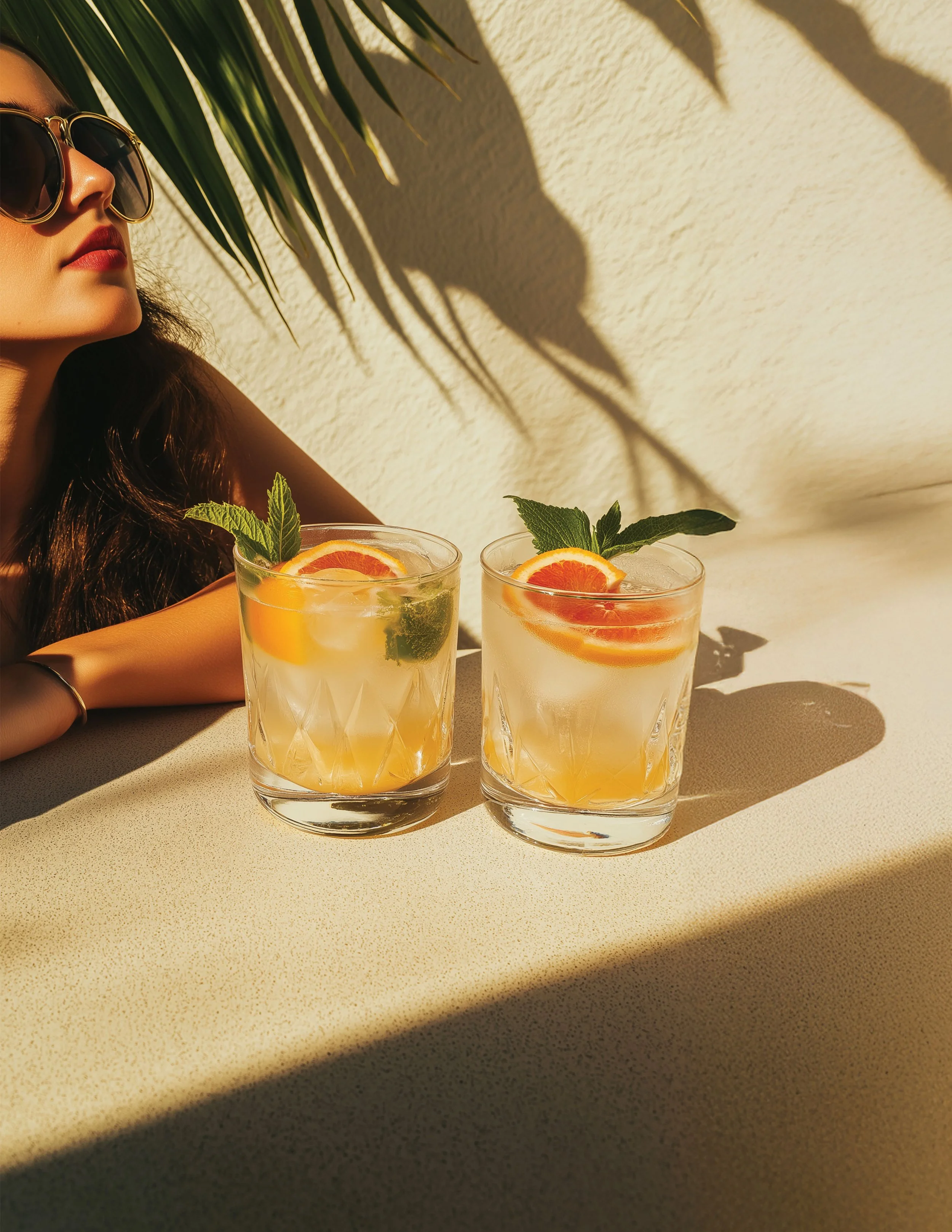 A woman wearing sunglasses is relaxing next to two glasses of citrus cocktail with orange slices and mint leaves, on a sunlit table with shadows of palm leaves on the wall.