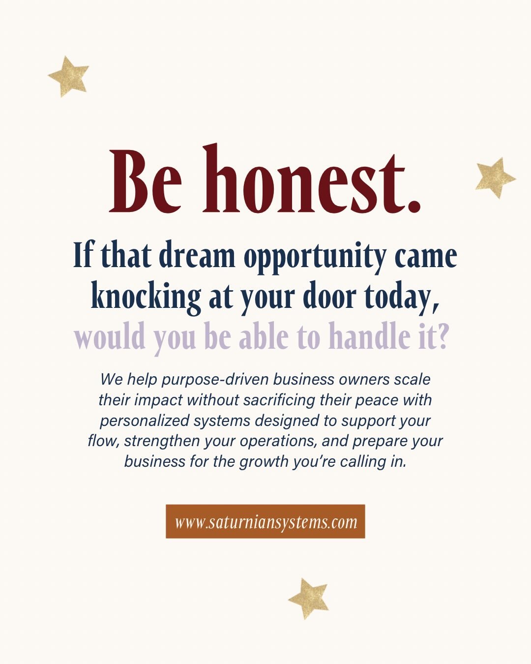 If your business is growing&hellip; but it feels like it&rsquo;s one step away from falling apart, this is for you.

At Saturnian Systems, we partner with purpose-driven business owners to scale their impact without sacrificing their peace.

Imagine 