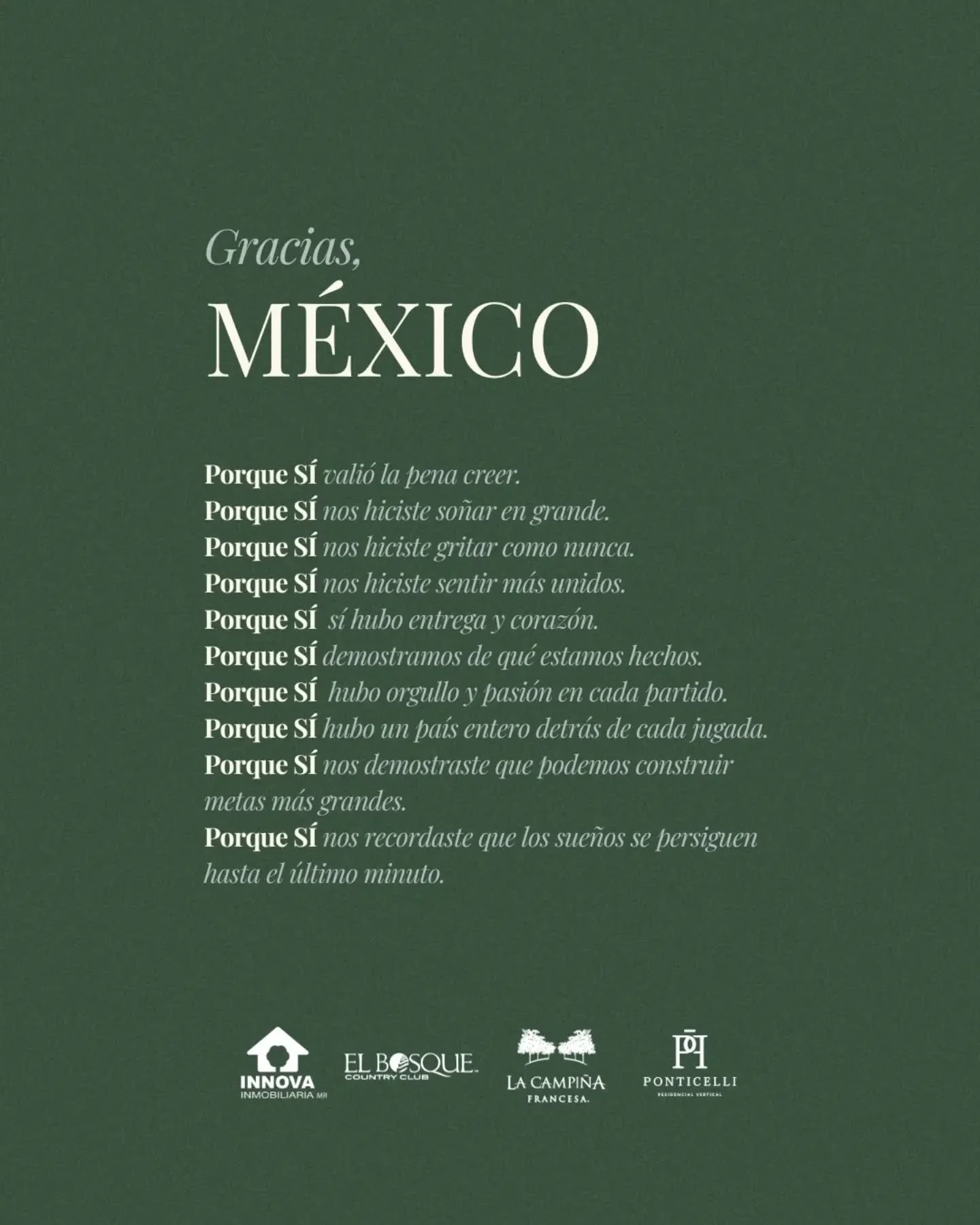 GRACIAS, M&Eacute;XICO 🇲🇽 PORQUE S&Iacute;...

S&iacute; cre&iacute;mos.
S&iacute; so&ntilde;amos en grande.
S&iacute; luchamos hasta el &uacute;ltimo minuto.
S&iacute; representamos a un pa&iacute;s entero.

#PORQUES&Iacute; ⚽️

#graciasM&eacute;x