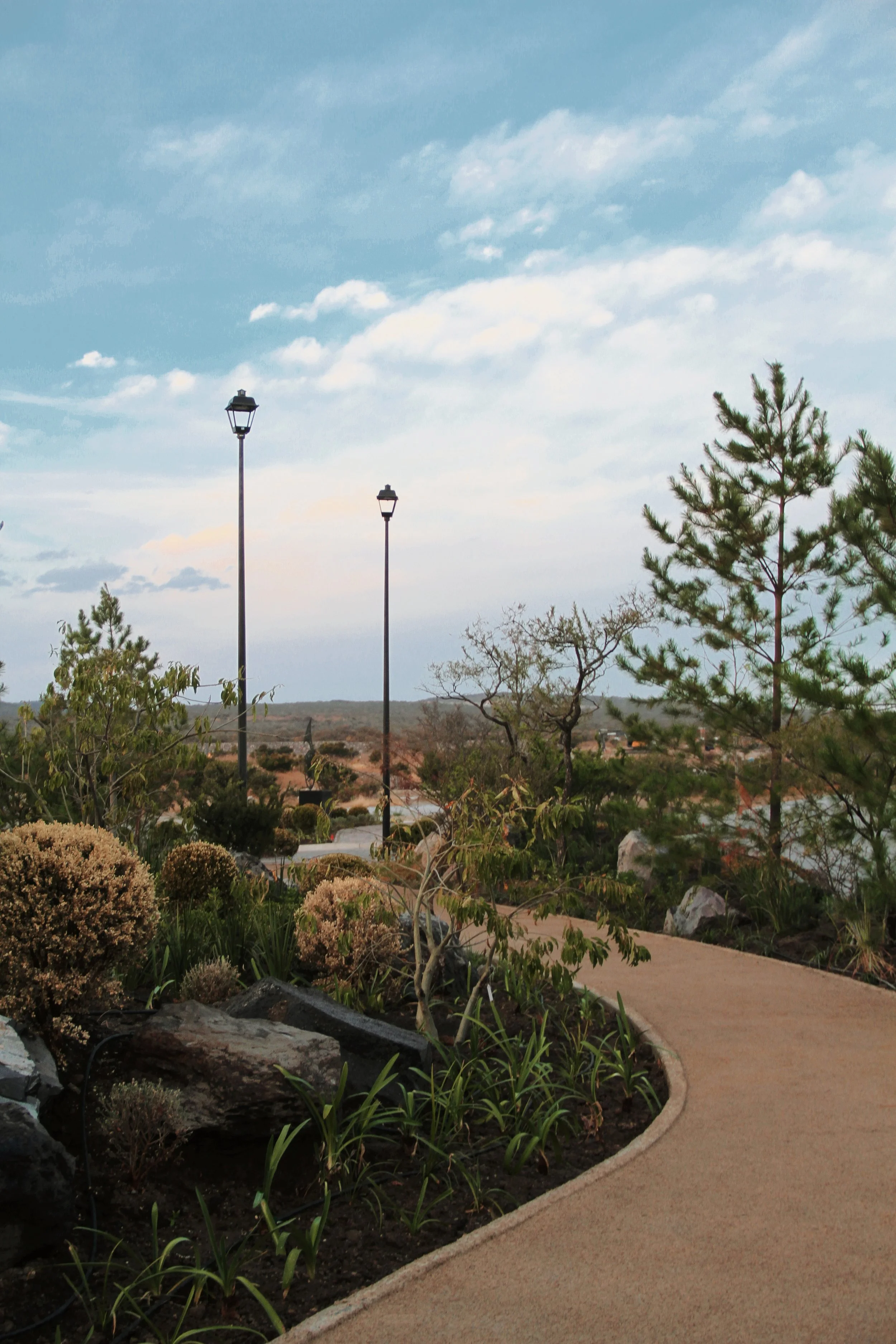 camino en un parque con vegetación y farolas, cielo despejado con algunas nubes