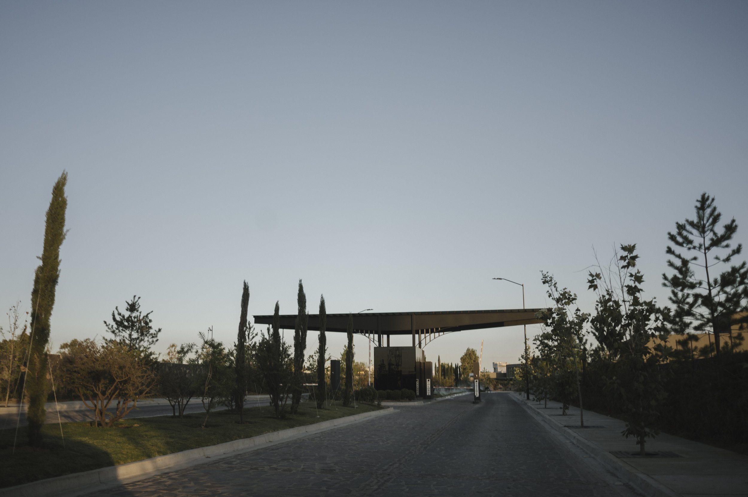 Entrada peatonal y vehicular con estructura moderna y árboles decorativos a los lados, en una calle pavimentada, durante el día con cielo despejado.