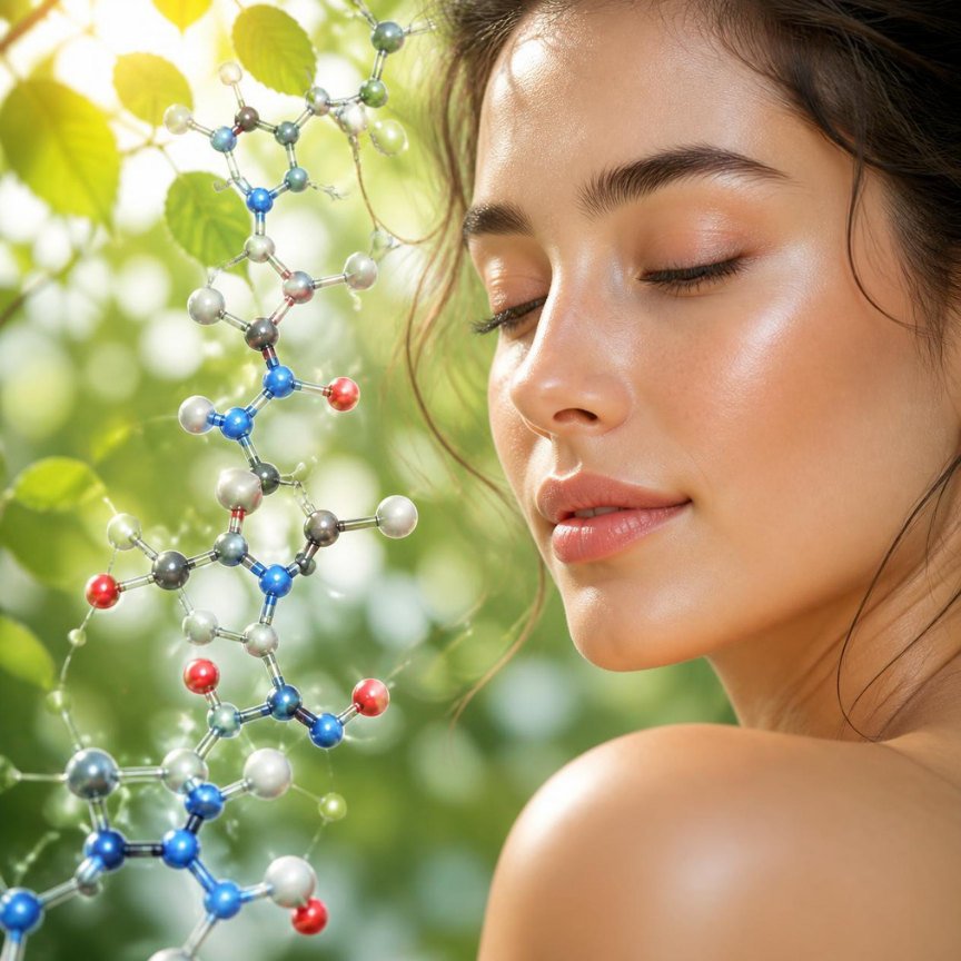 A young woman with closed eyes and smooth skin outdoors, with sunlight filtering through green leaves in the background, and a digital illustration of a molecular structure floating near her face.