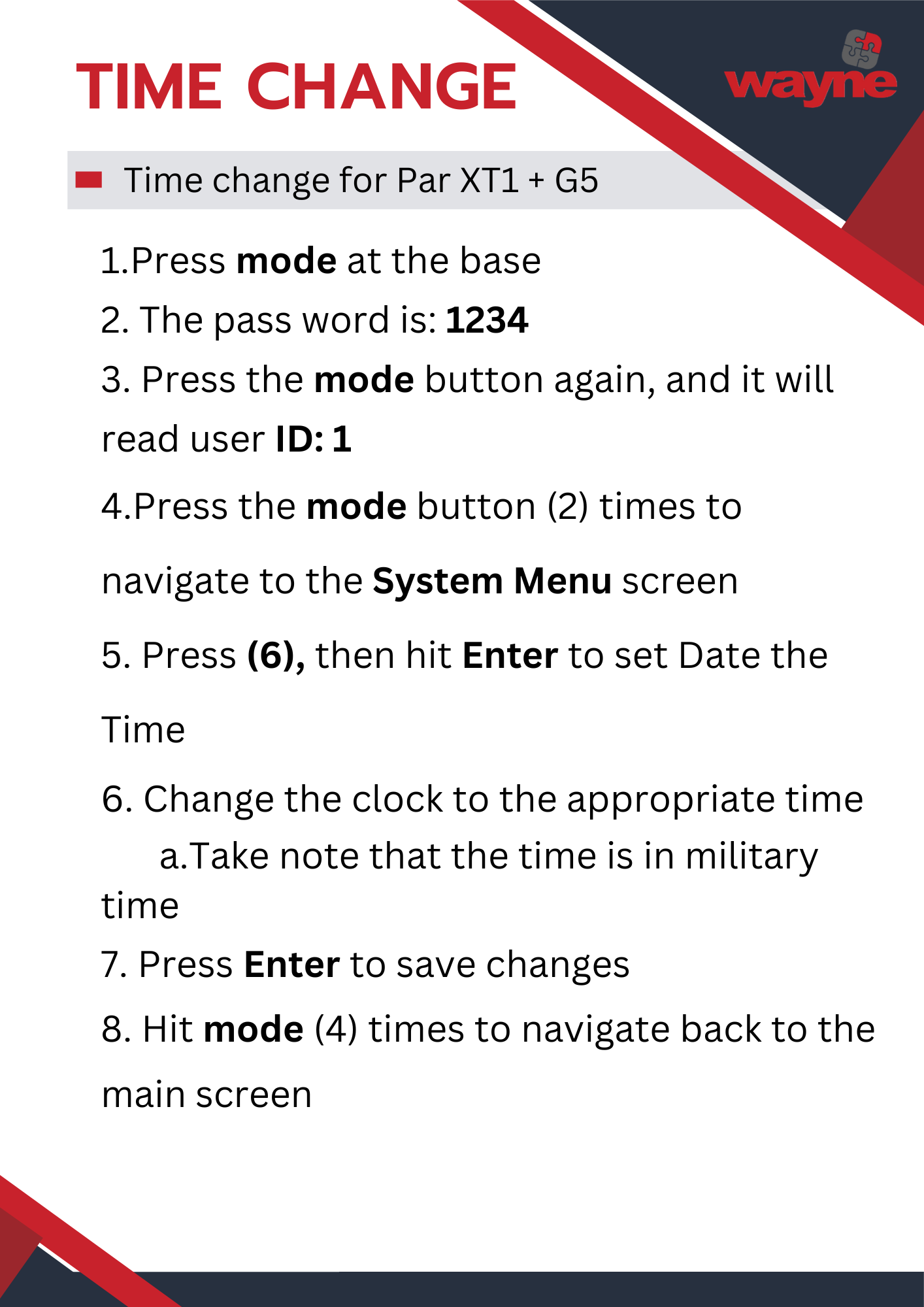 Time Change Instructions: PAR 3M XT-1 + G5 Base Station — Wayne