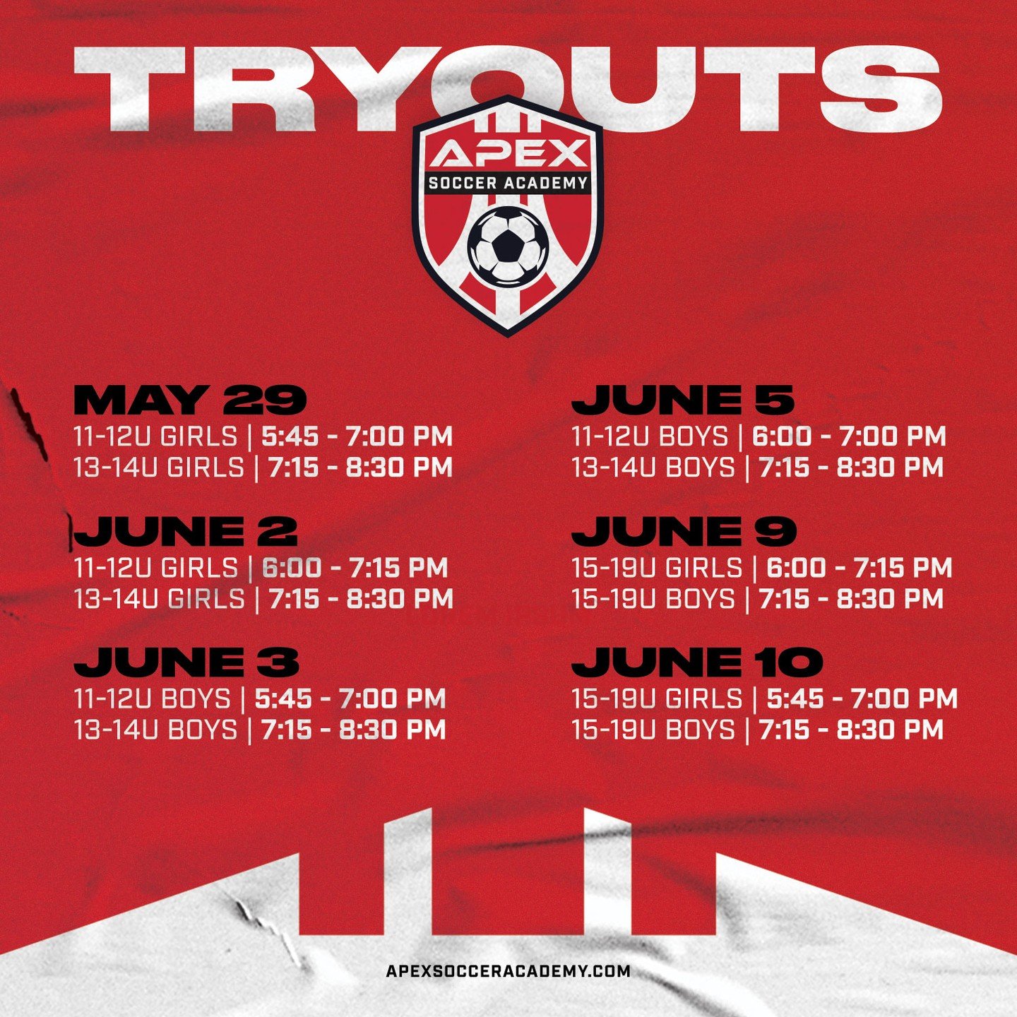 Mark your calendars! Tryout dates are set!

All Tryouts will be taking place at the Gregg Young Sports Campus unless communicated otherwise!

- 11U-12U (birth years 2014, 2013) 
- 13U-14U-15U (birth years 2012, 2011, 2010 &amp; 8th grade)
- 15U-16U (