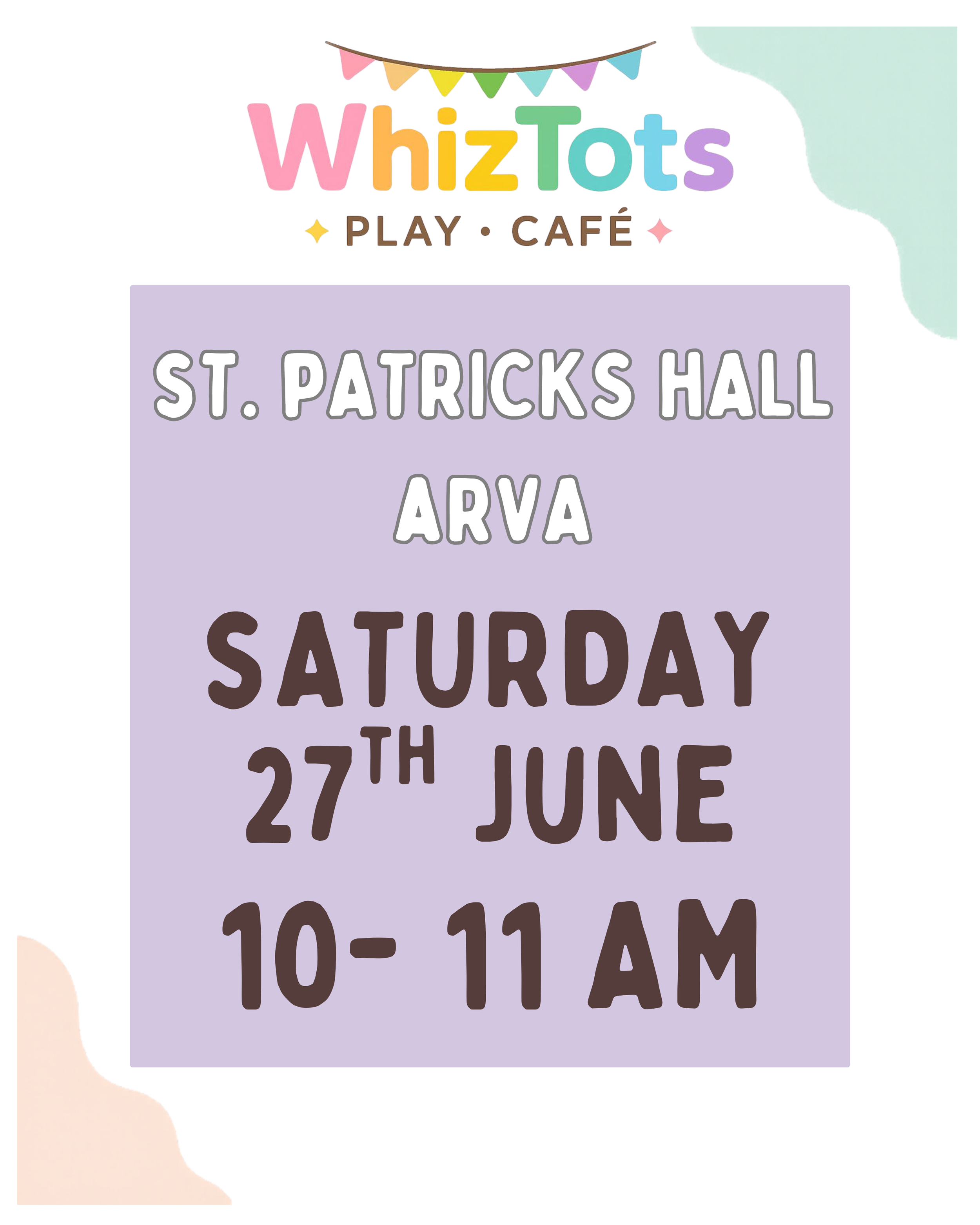Pink, yellow, green, blue, and purple bunting banner above the text logo for WhizTots Play Café. The logo features the words 'WhizTots Play Café' in colorful and playful fonts.