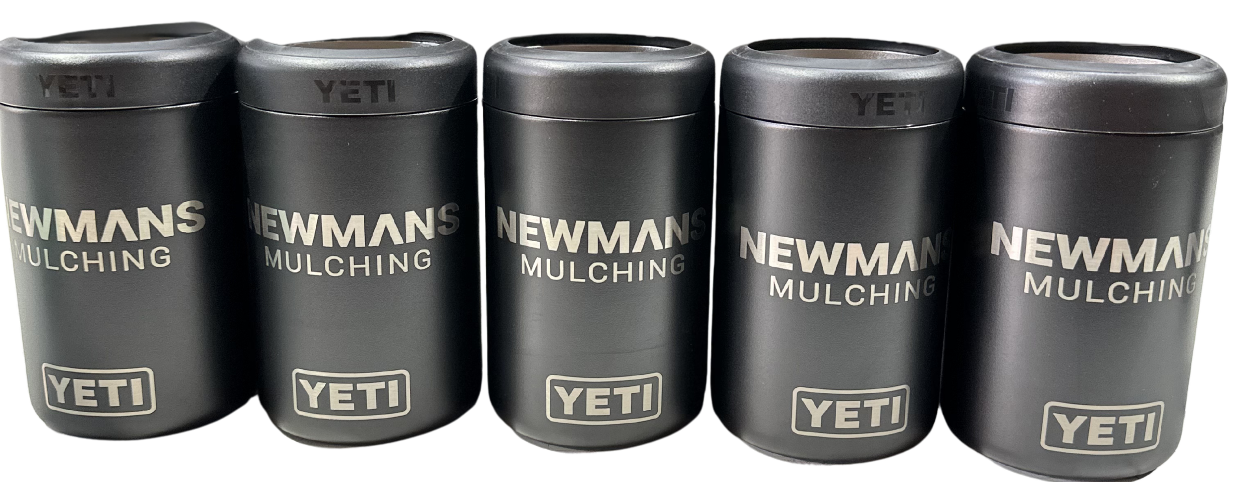 laser engraved newman mulching company logo on 5 yeti beer cooler lined up