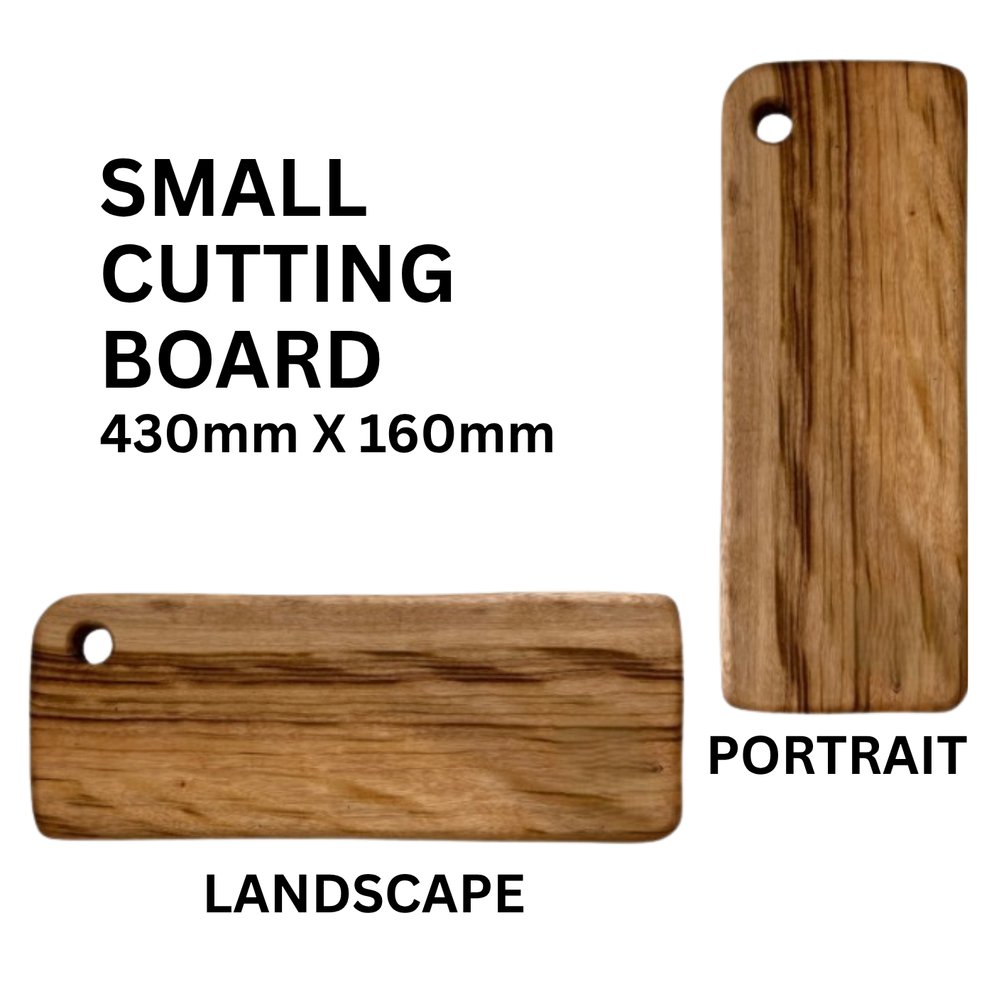 2 small camphor laurel cutting boards postioned landscape and portrait sizes included 430mm x 160mm