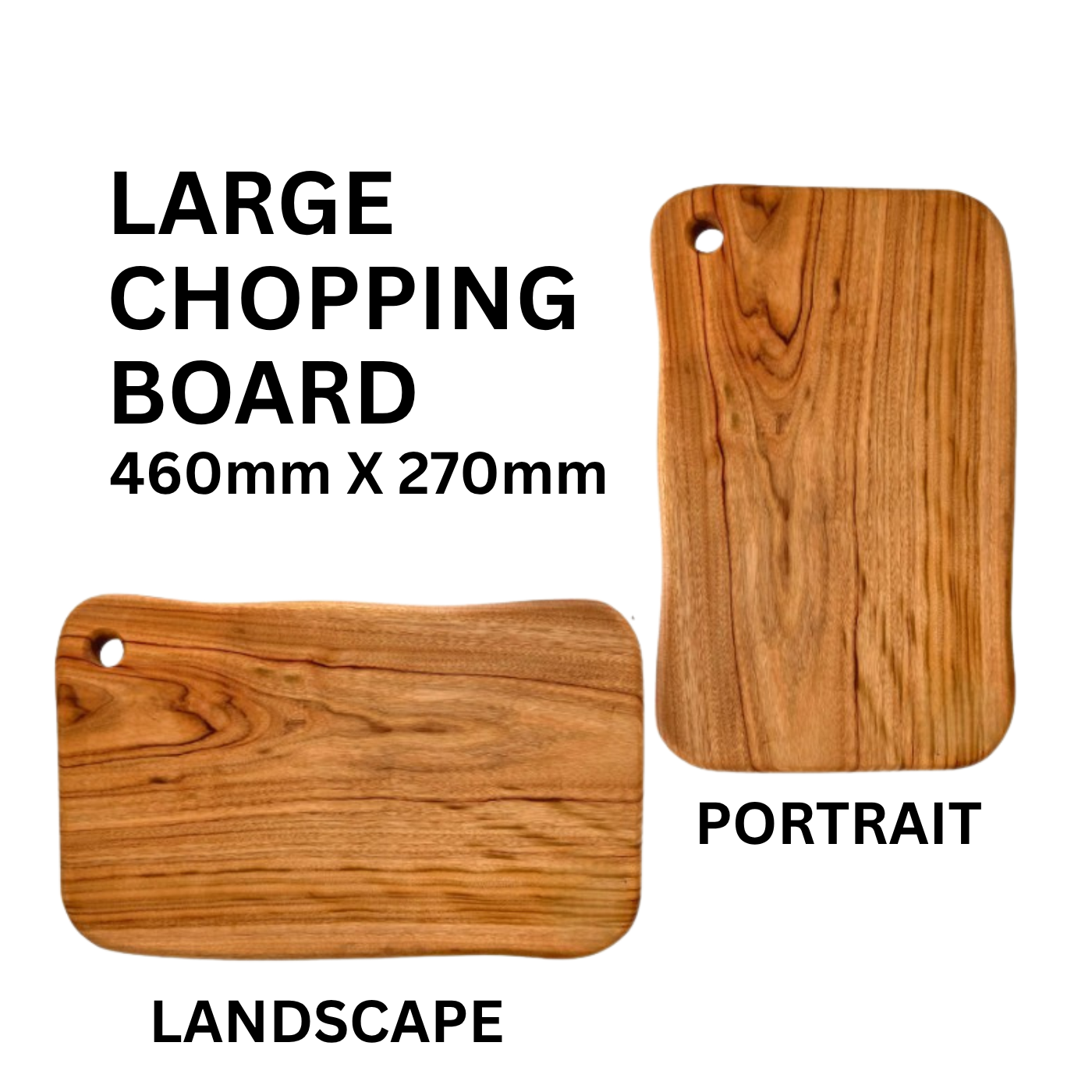 a photo showing 2 large camphor laurel chopping boards, postioned landsacpe and portrait.including the size 460mm x 270mm
