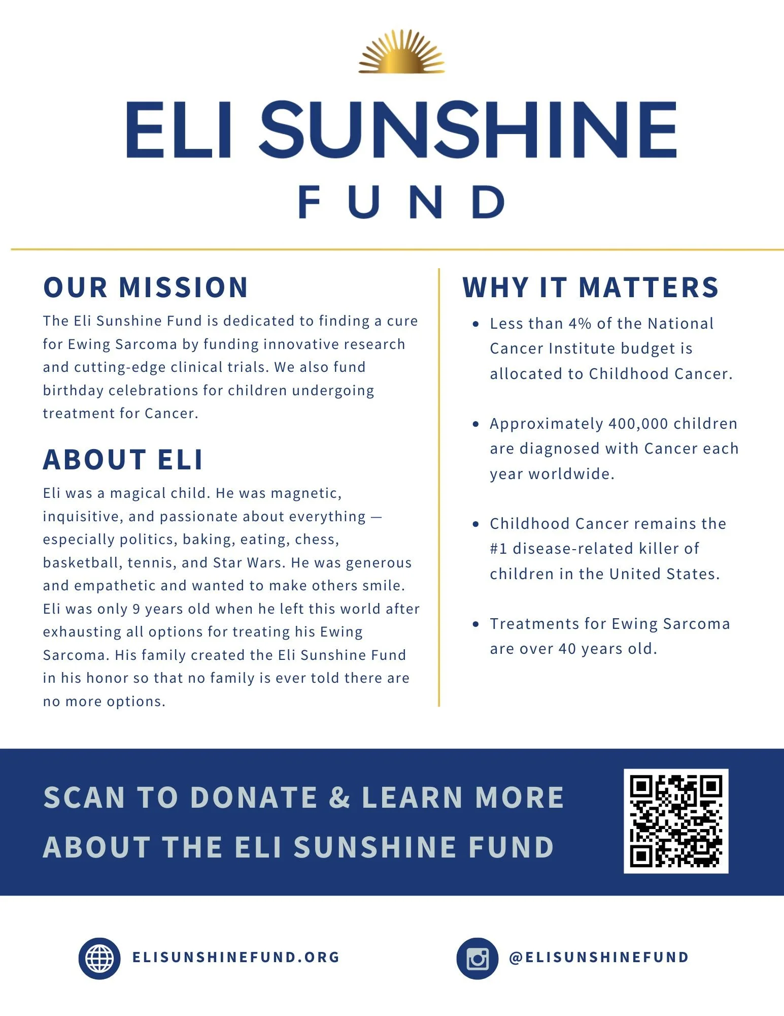 Flyer for the Eli Sunshine Fund with information about its mission, reasons why it matters, and a call to action to donate and learn more, including a QR code for donation, website, and Instagram handle.