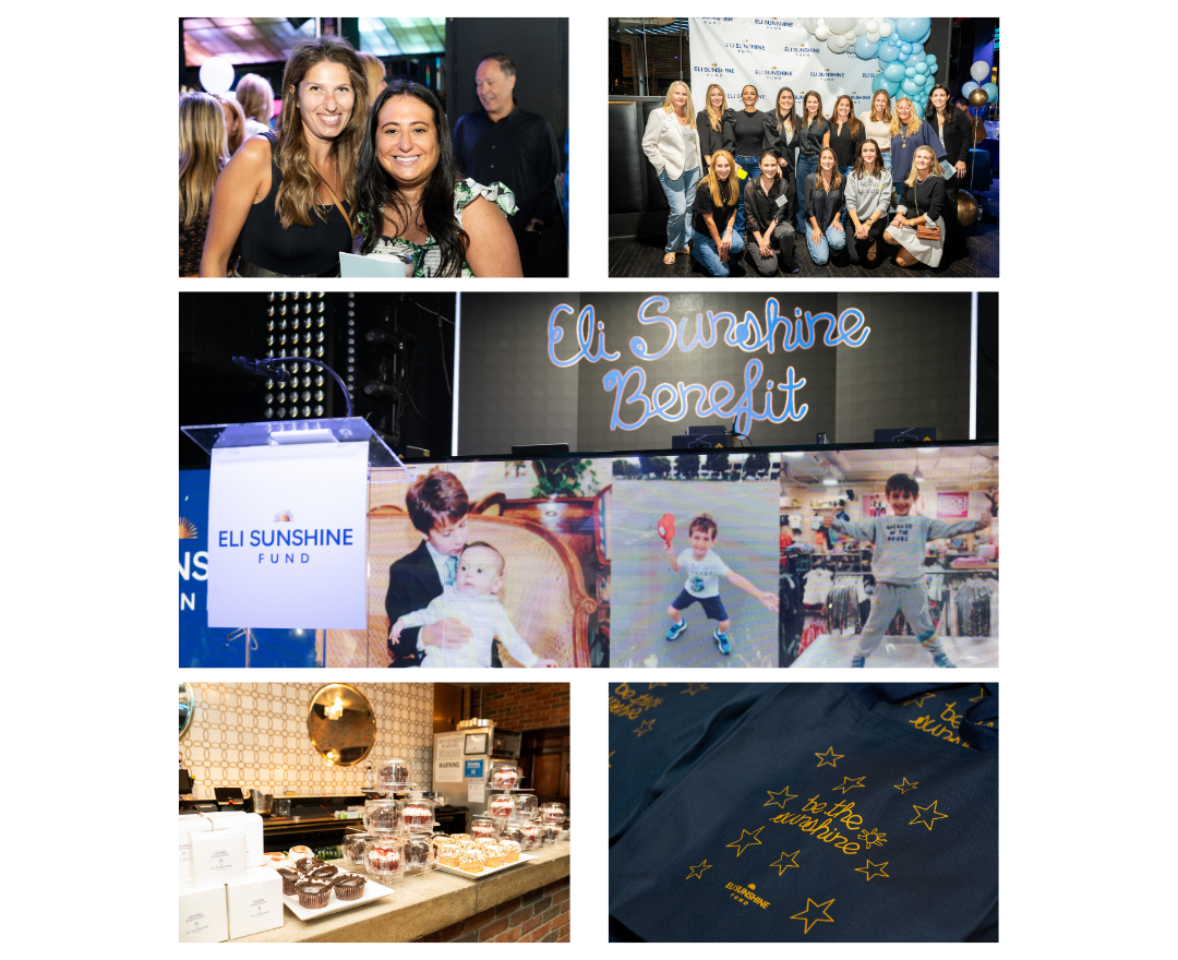 Collection of photos from a charity event for the Eli Sunshine Benefit, featuring happy people, group photos, a speech, children playing, a dessert table, and event merchandise.