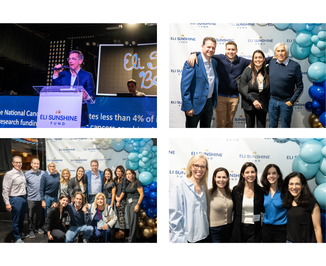 Collage of four photos from an Eli Sunshine Foundation event, including a man speaking at a podium, groups of smiling attendees posing in front of a branded backdrop with balloons, and a speaker addressing the crowd.