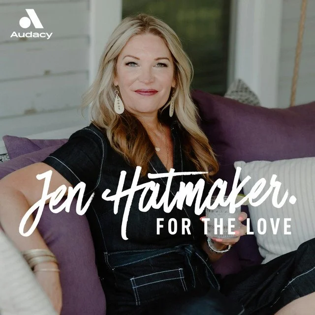 A woman with blonde hair sitting on a patio sofa, holding a glass, with the text "Jen Hâtmaker. For the Love" overlayed.