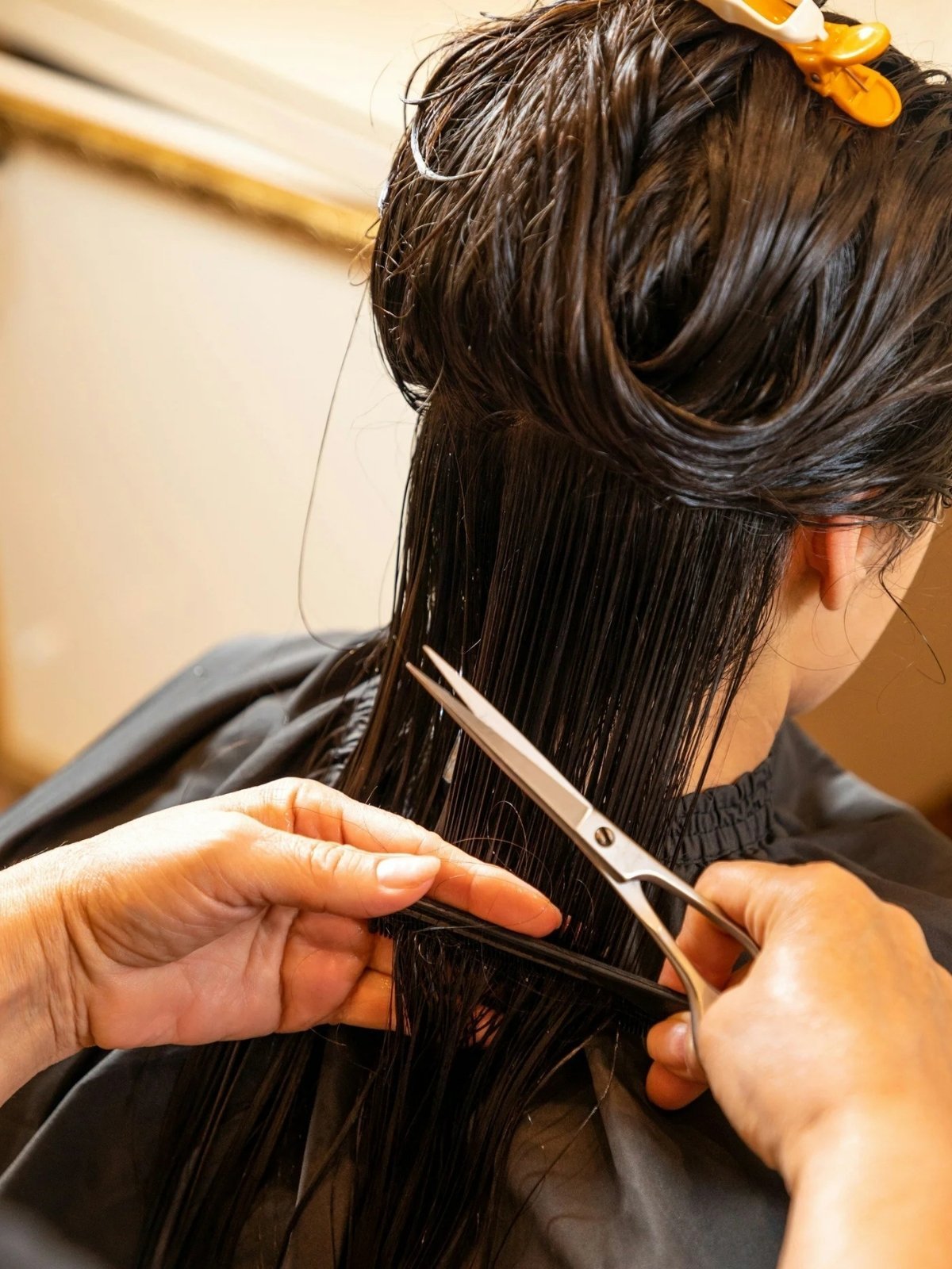 A person getting a haircut with hair sections clipped up, and a stylist trimming long, wet hair with scissors.