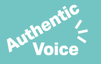 Teal background with white text that reads 'Authentic Voice' and a small sound wave icon.