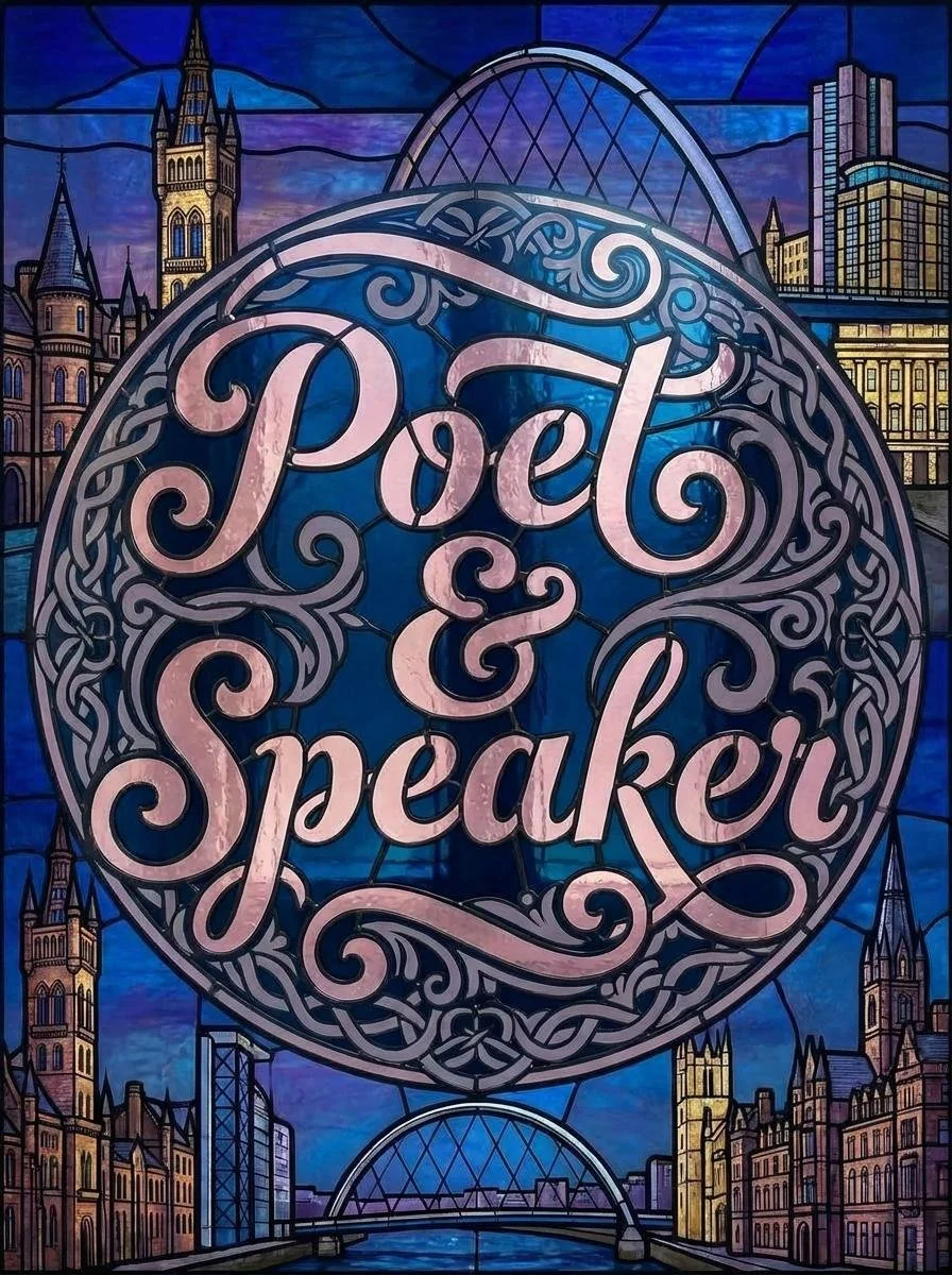 Stained glass window with the words 'Poet & Speaker' surrounded by cityscape illustrations including tall buildings and bridges.