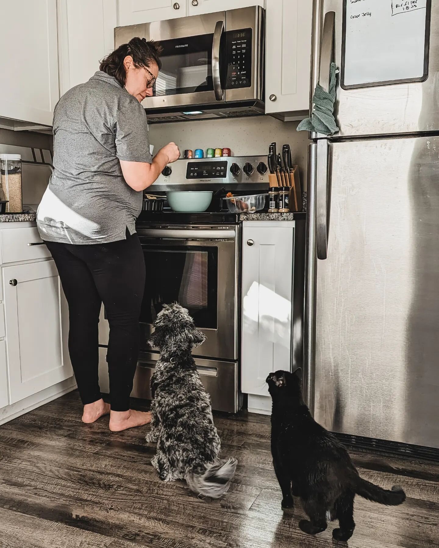 Another beautiful (not spring yet) day.  It's in the 60s but pretty windy. Getting ready to meal prep and the &quot;kids&quot; wanted to &quot;help&quot; pull apart the rotisserie chicken. 🍗 
.
Do you meal prep? What are some of your fave meals!!? D