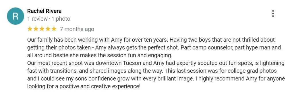 Five star review from Rachel Rivera about Amy's ability to make photoshoots fun and engaging
