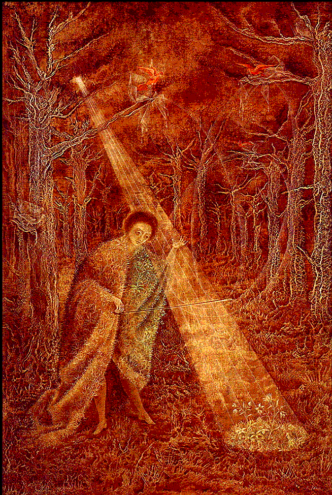 A person standing in a forest with leaf-covered clothing, directing a beam of light with four strings like those of a stringed instrument from the sun towards the ground, illuminating plants and trees around them.