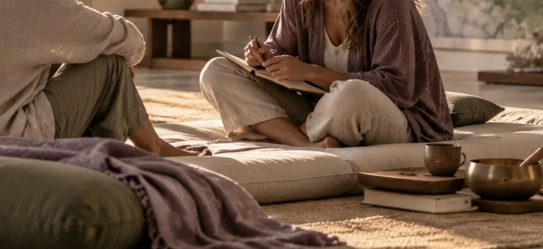 Sesiune de coaching și dezvoltare personală, într-un spațiu relaxant, cu cărți, caiet și boluri de meditație.