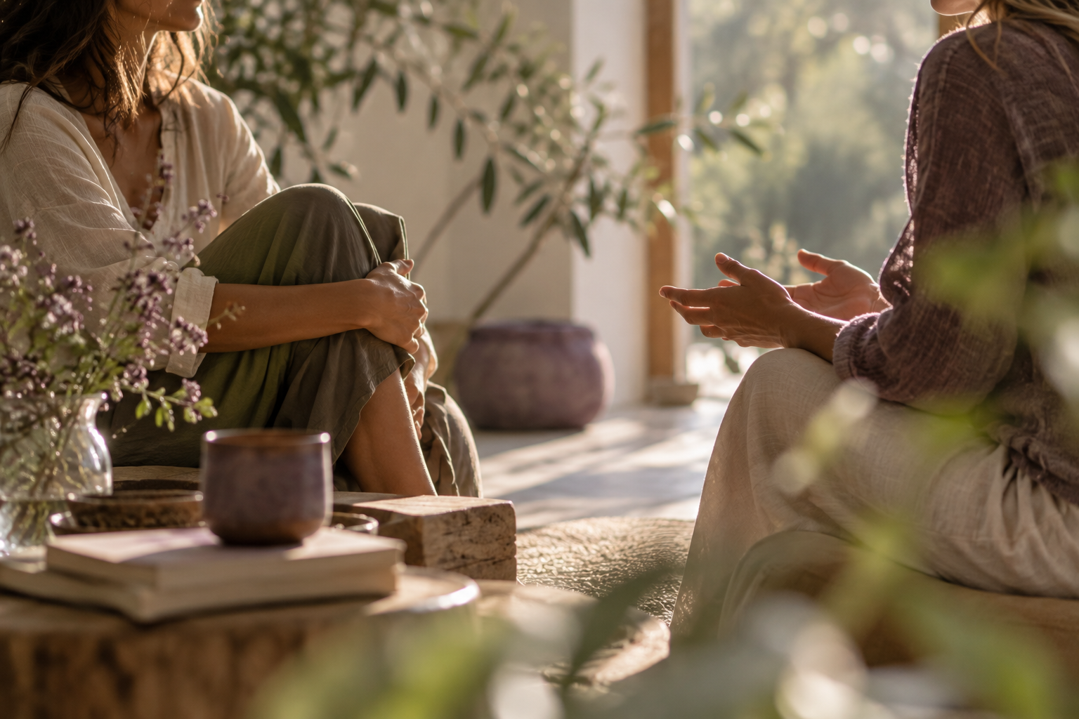 Sesiune de coaching și dezvoltare personală între două femei, într-un spațiu luminos și relaxant.