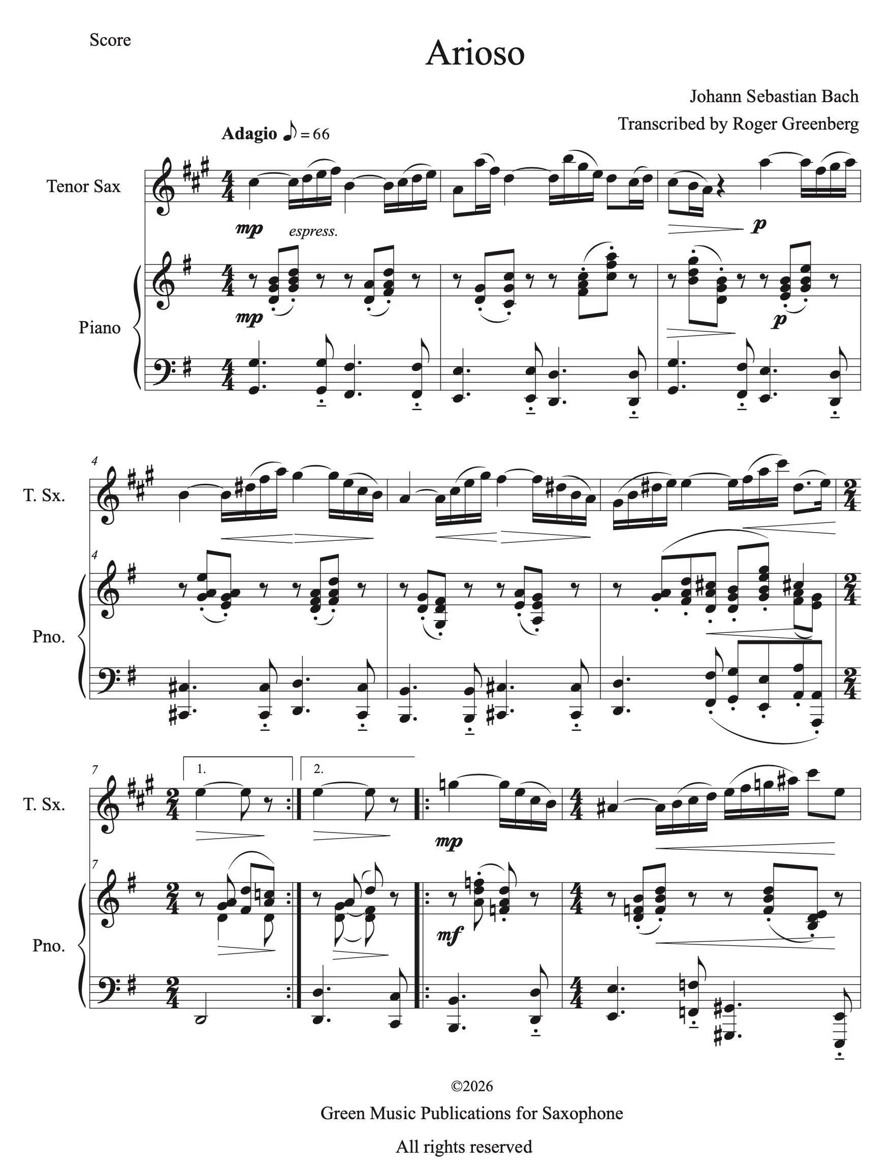 Arioso for Tenor Saxophone and Piano by J.S. Bach