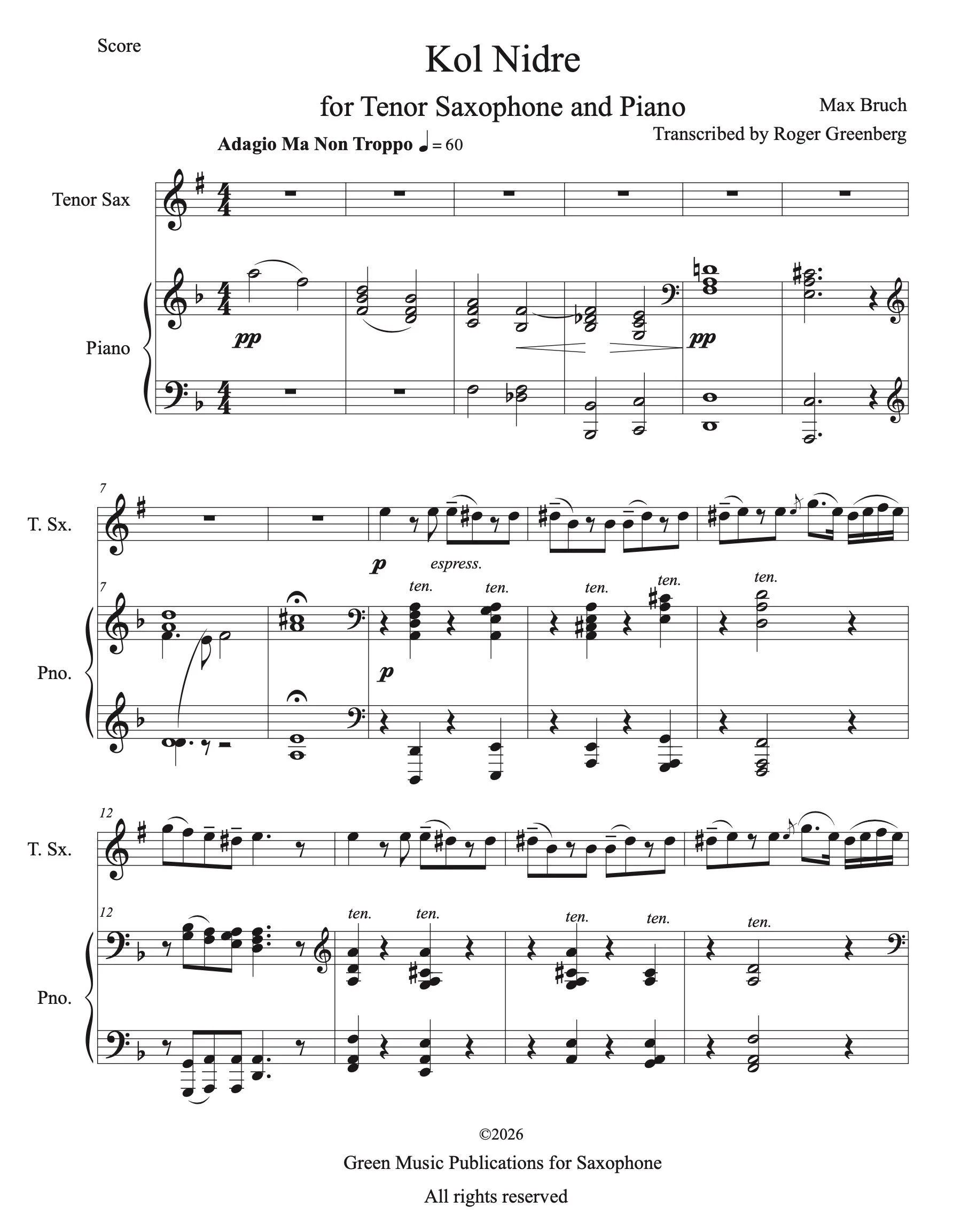 Bruch Kol Nidre for Tenor Saxophone & Piano