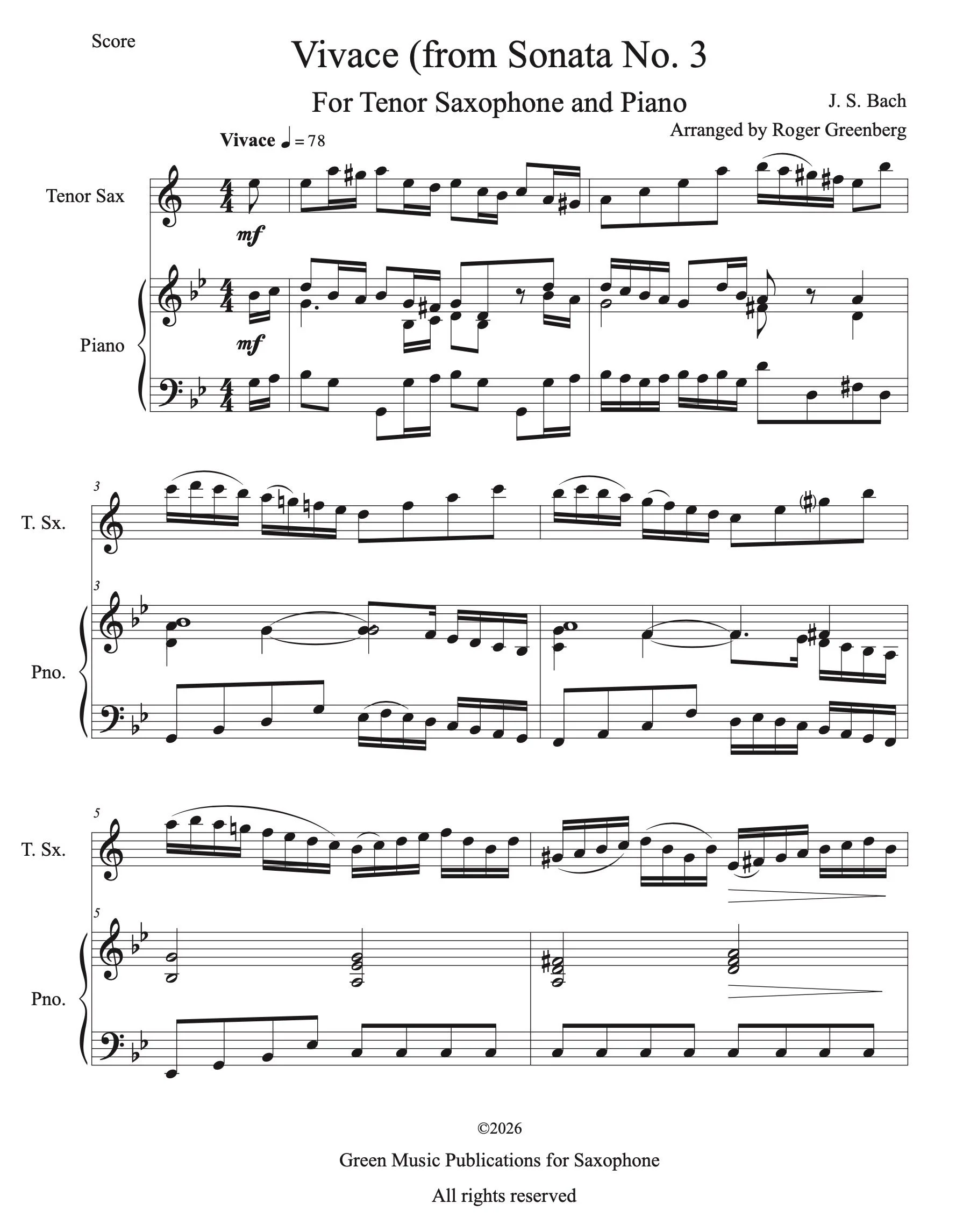 Bach - Vivace (from Sonata No. 3) for Tenor Saxophone & Piano