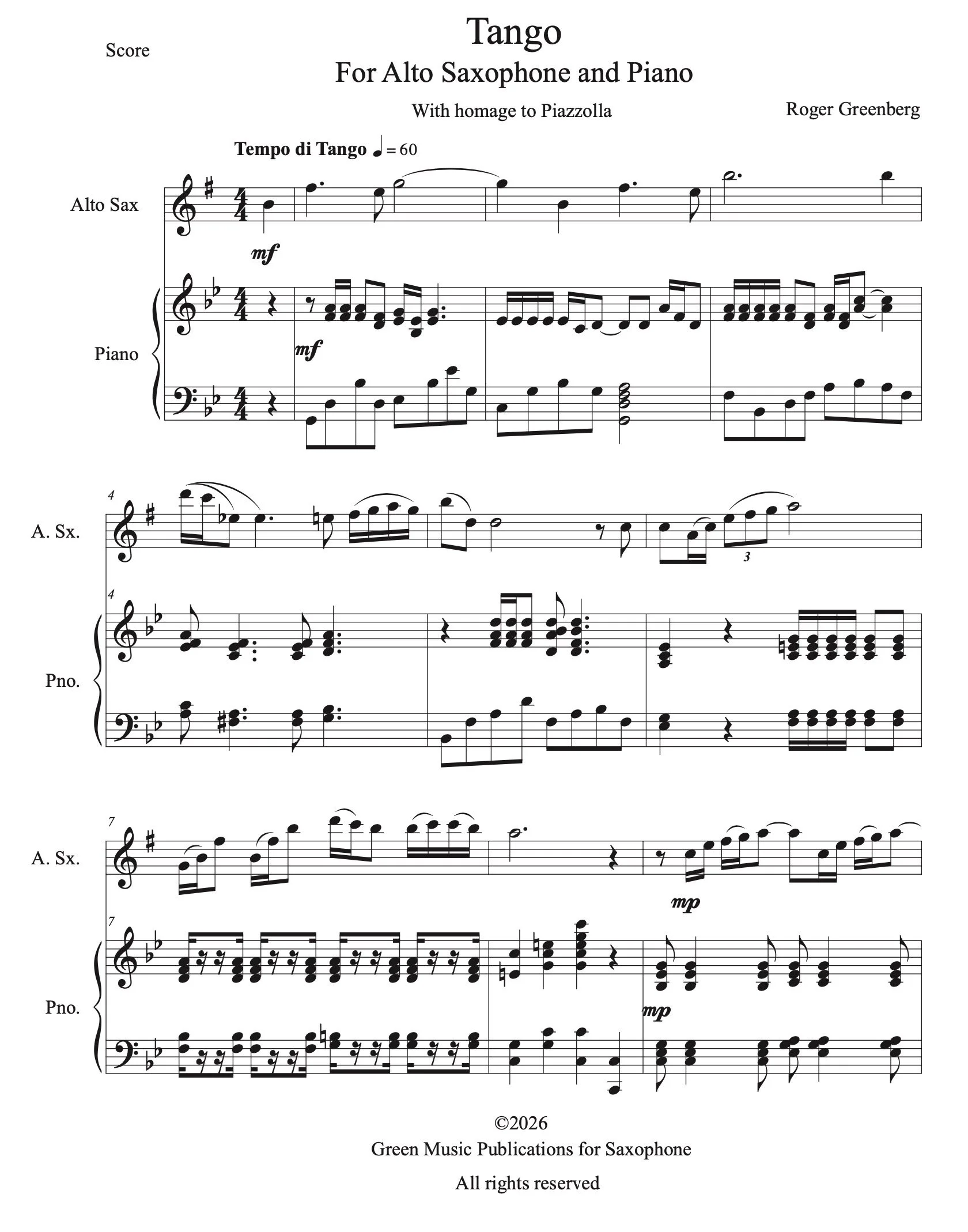 Tango for Alto Saxophone and Piano